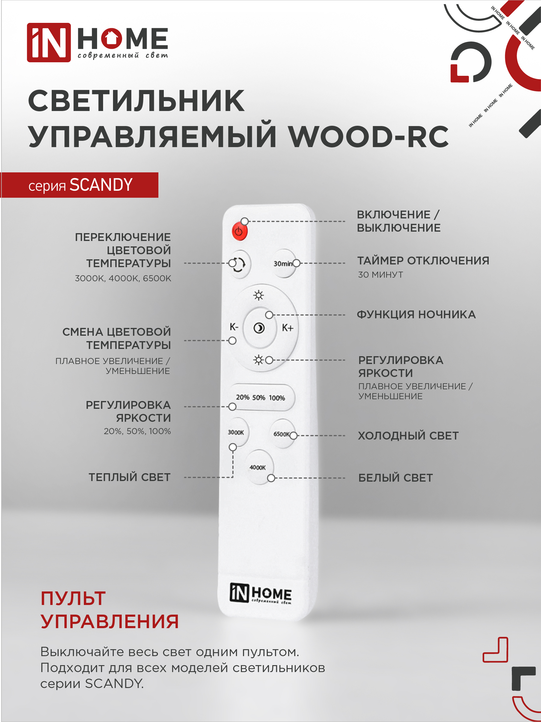 Светильник светодиодный SCANDY WOOD-120RCB 120Вт 230В 3000-6500K 9600Лм 500x50мм с пультом ДУ черный IN HOME в Чите