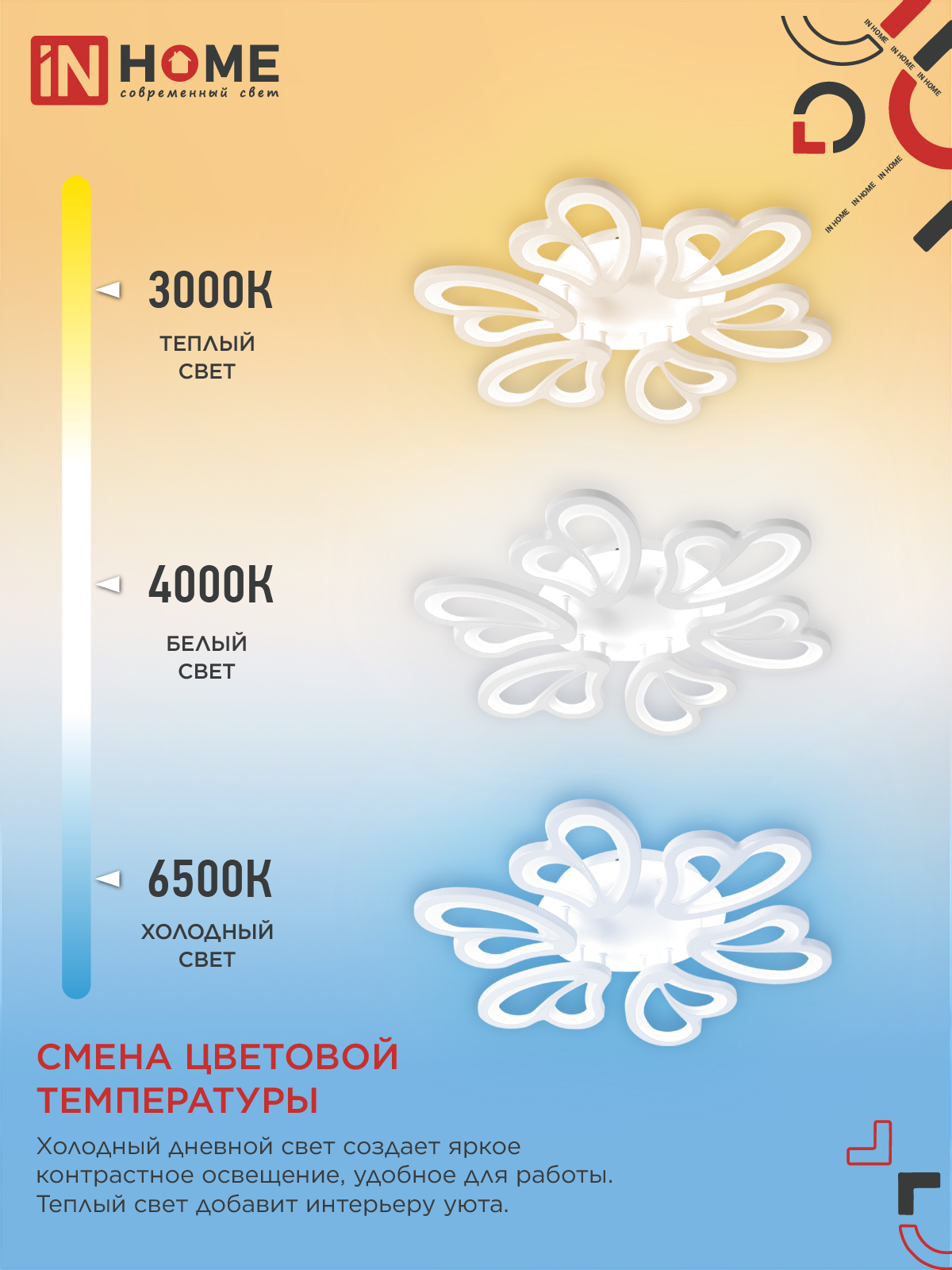Светильник светодиодный ELEGANT IRIS 120Вт 230В 3000-6500K 607х535х85мм c пультом ДУ белый IN HOME в Чите