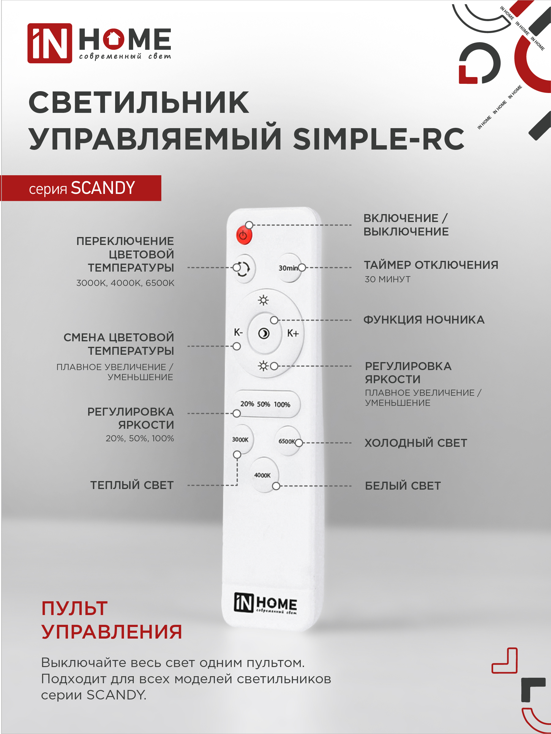Светильник светодиодный SCANDY SIMPLE-75RCB 75Вт 230В 3000-6500K 6000Лм 400x50мм с пультом ДУ черный IN HOME в Чите