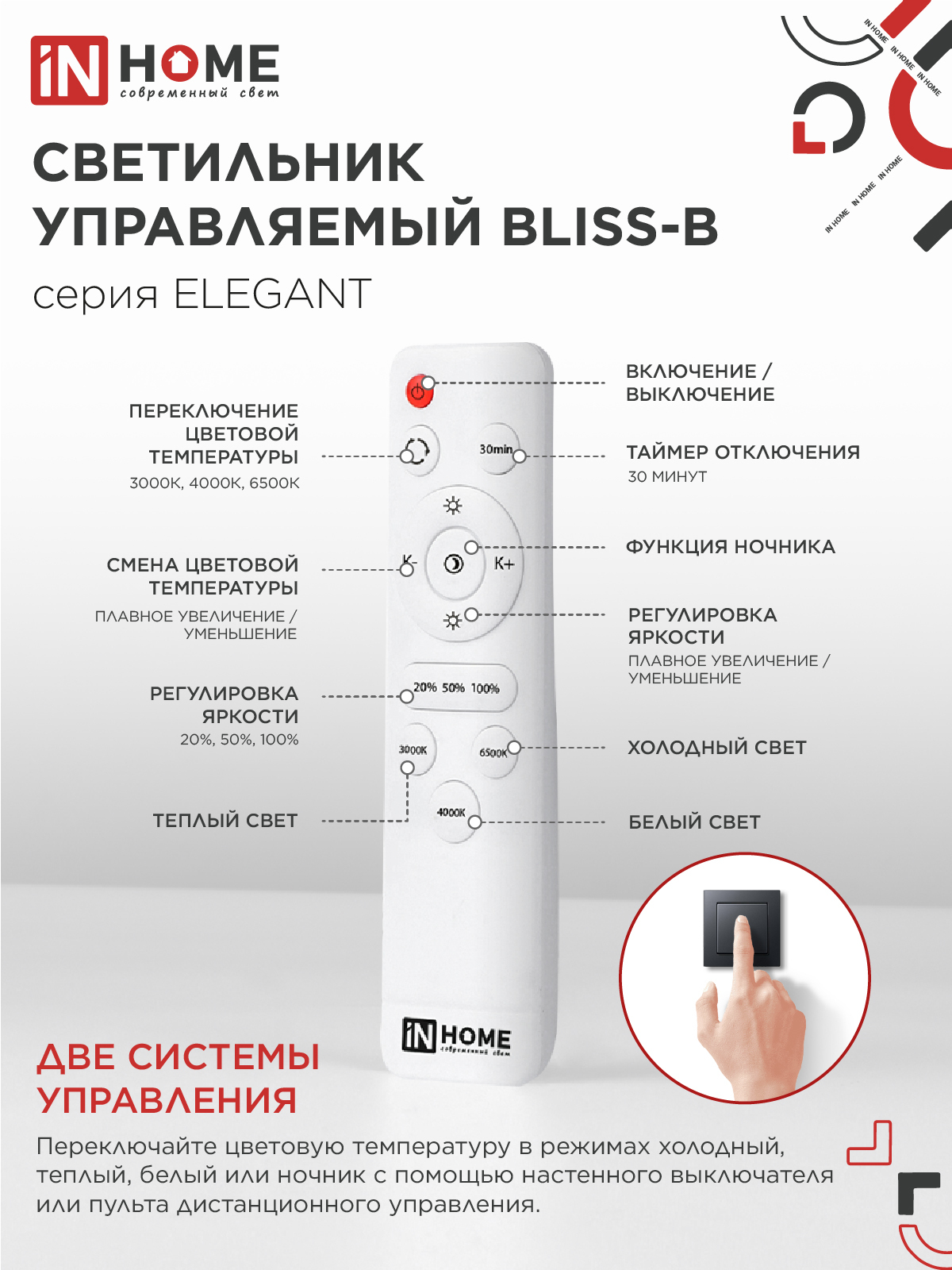 Светильник светодиодный ELEGANT BLISS-B 60Вт 230В 3000-6500K 4700Лм 508х390х120мм c пультом ДУ черный IN HOME в Чите
