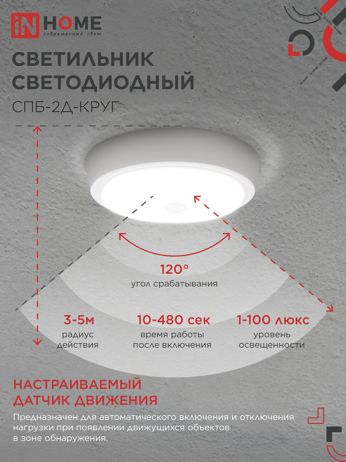 Светильник светодиодный СПБ-2Д-КРУГ 14Вт 230В 4000К 1100Лм 210мм с настраиваемым датчиком белый IN HOME в Чите