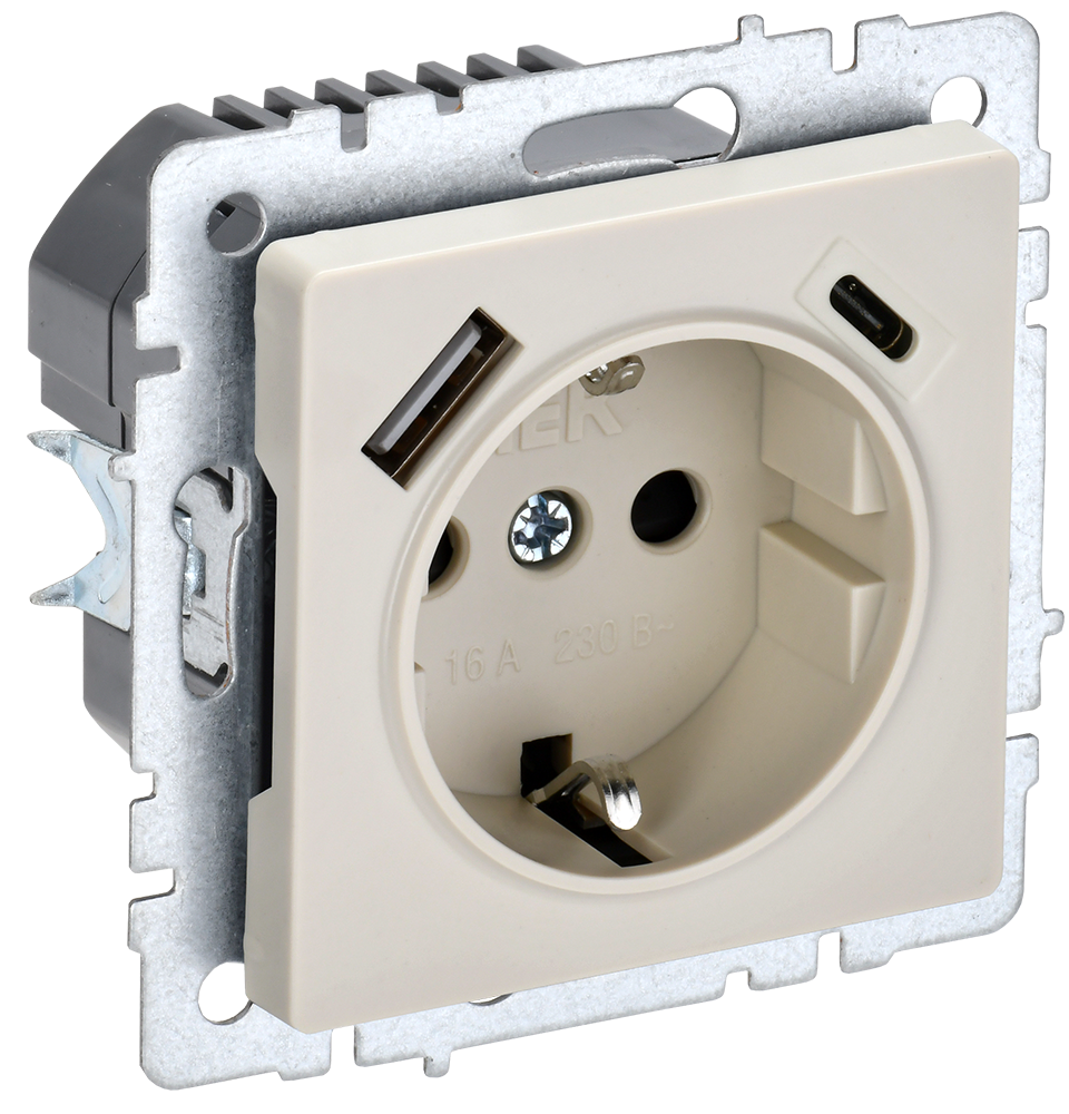 Розетка одинарная с з/к со шторками 16А с USB A+C 18Вт BRITE IEK бежевая в Чите