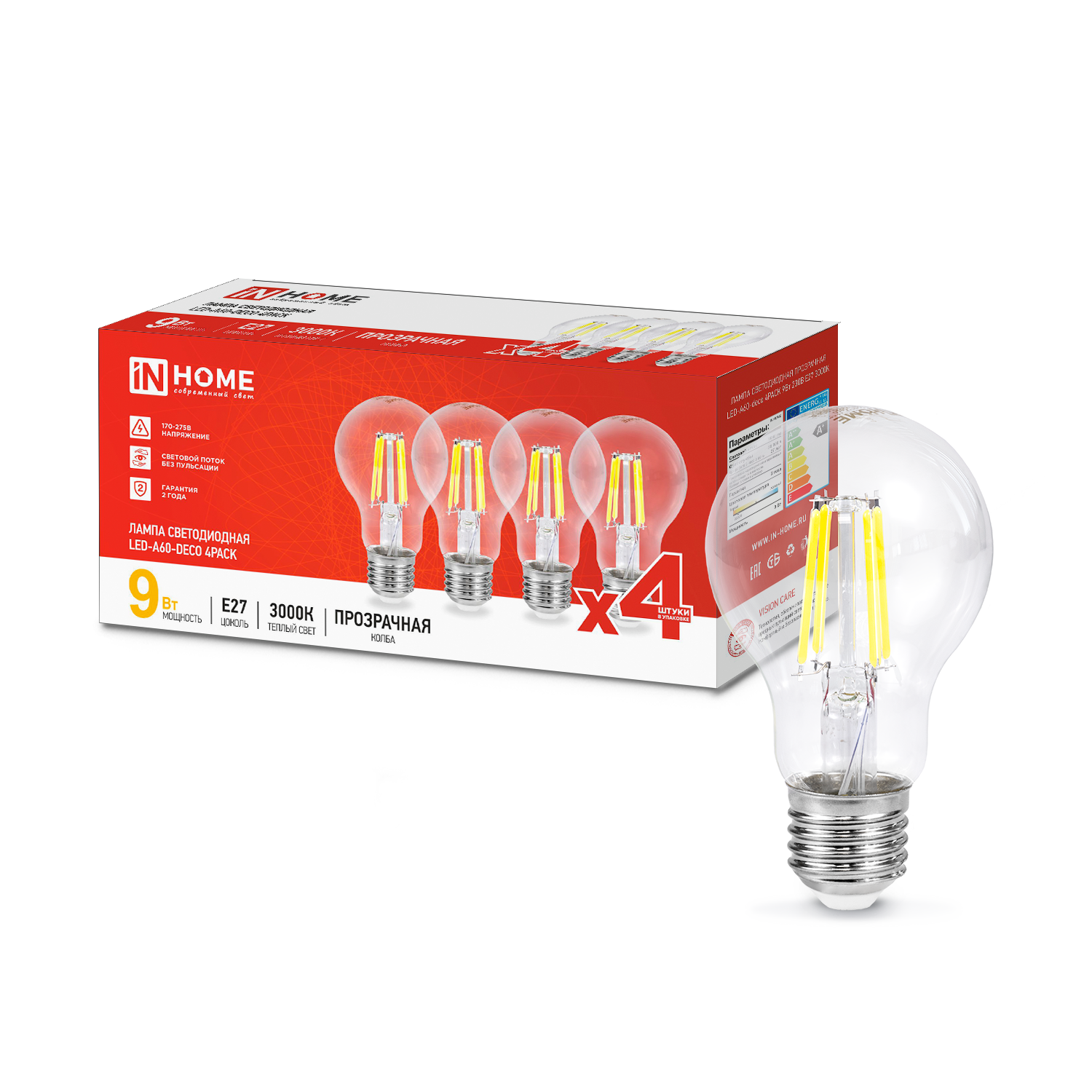 Лампа светодиодная LED-A60-deco 4PACK 9Вт 230В Е27 3000К 1040Лм (4шт./упак) прозрачная IN HOME в Чите