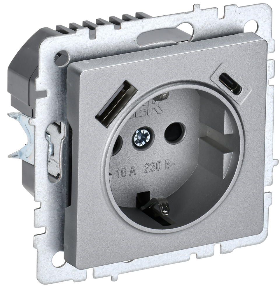 Розетка одинарная с з/к со шторками 16А с USB A+C 18Вт BRITE IEK алюминий в Чите