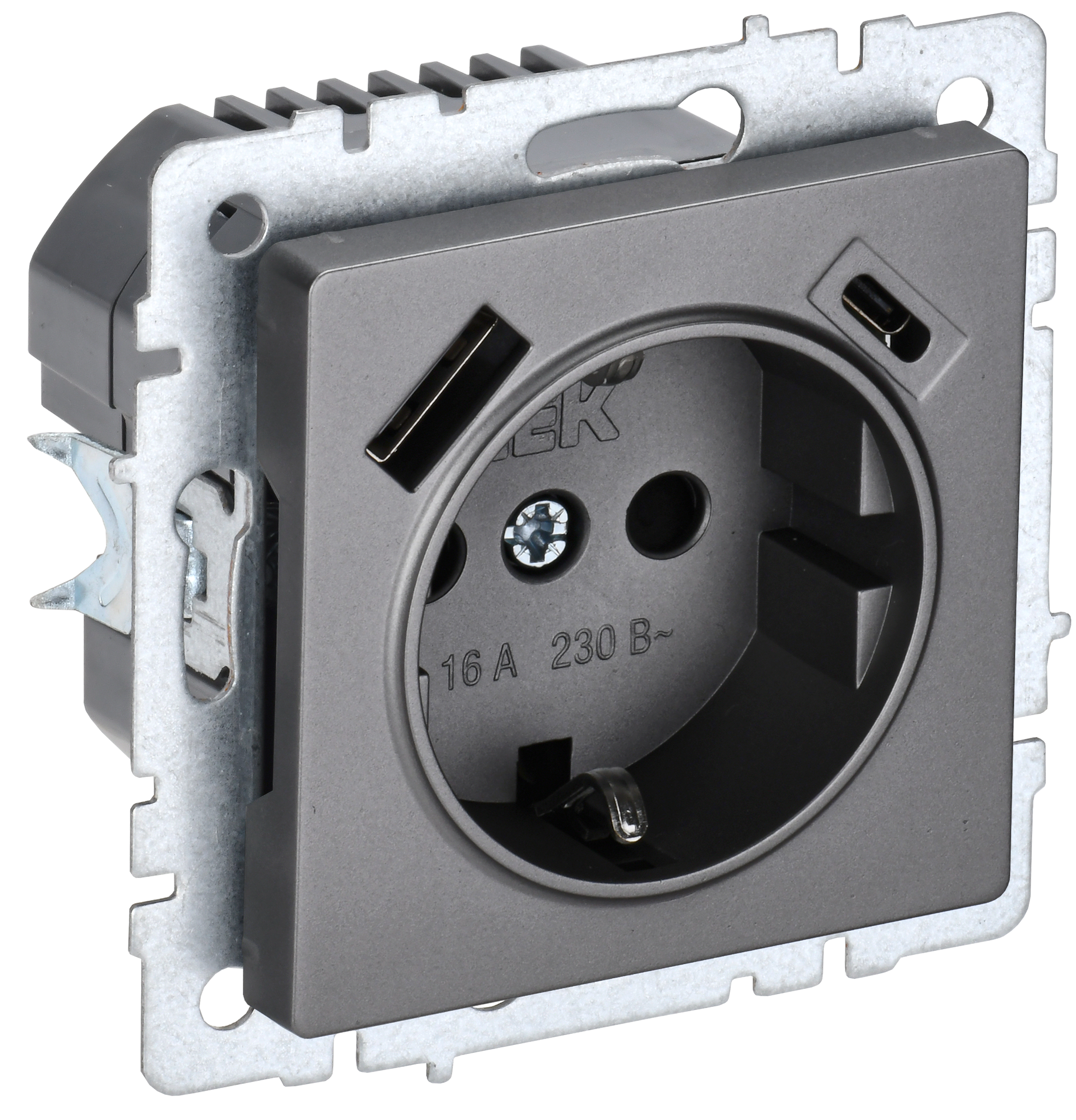 Розетка одинарная с з/к со шторками 16А с USB A+C 18Вт BRITE IEK сталь в Чите