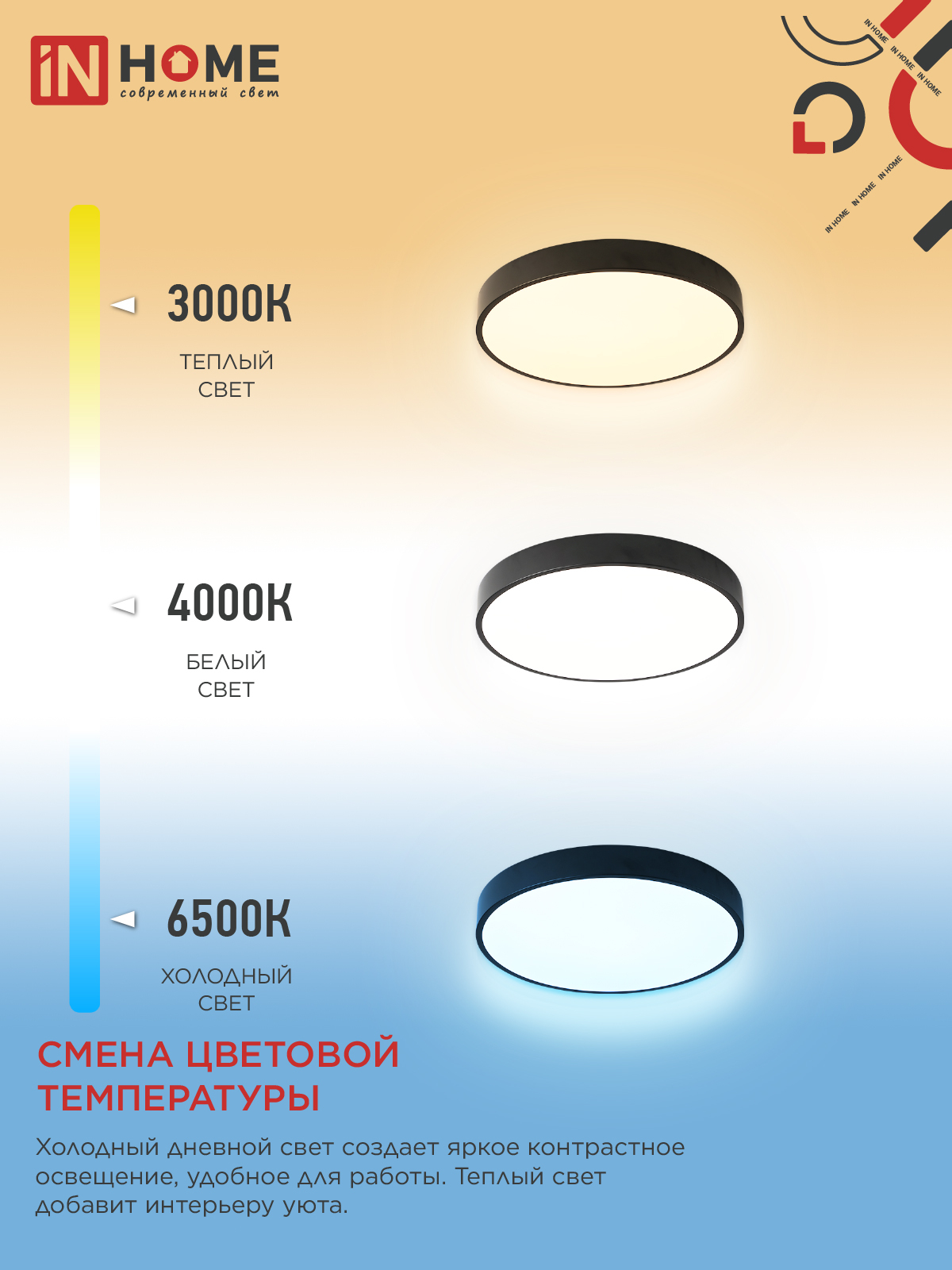 Светильник светодиодный SCANDY SIMPLE-125RCB 125Вт 230В 3000-6500K 10000Лм 400x50мм пульт ДУ черный IN HOME в Чите