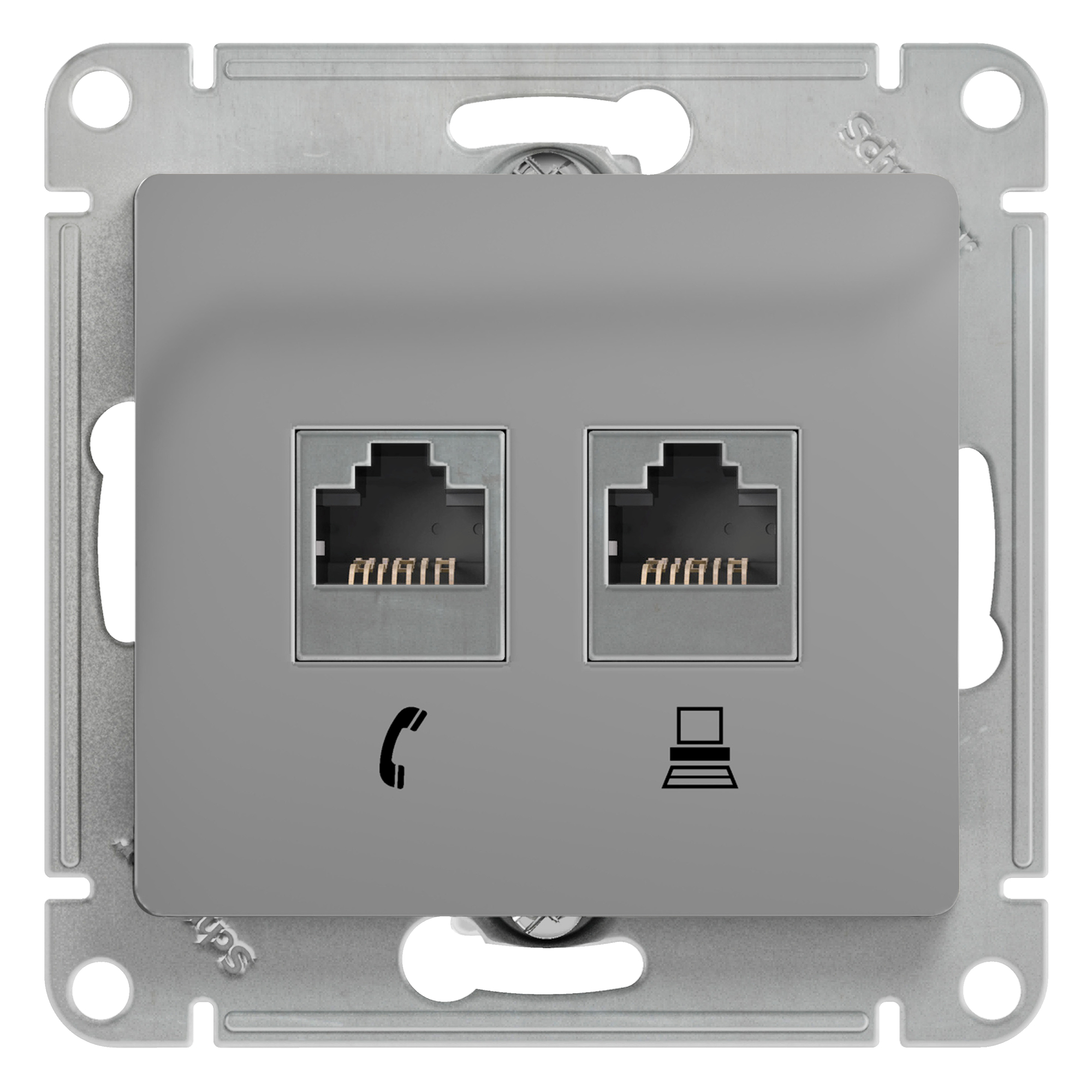 Розетка двойная телефонная компьютерная RJ11+RJ45 Glossa SE алюминий в Чите