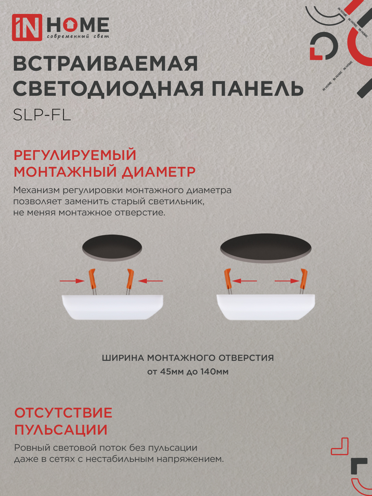 Панель светодиодная встраиваемая безрамочная SLP-FL 24Вт 230В 6500К 2160Лм 172мм с регулируемым монтажом 45-140мм белая IP20 IN HOME в Чите