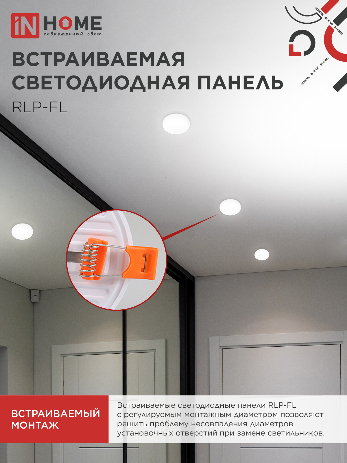 Панель светодиодная встраиваемая безрамочная RLP-FL 18Вт 230В 4000К 1620Лм 120мм с регулируемым монтажом 45-100мм белая IP20 IN HOME в Чите