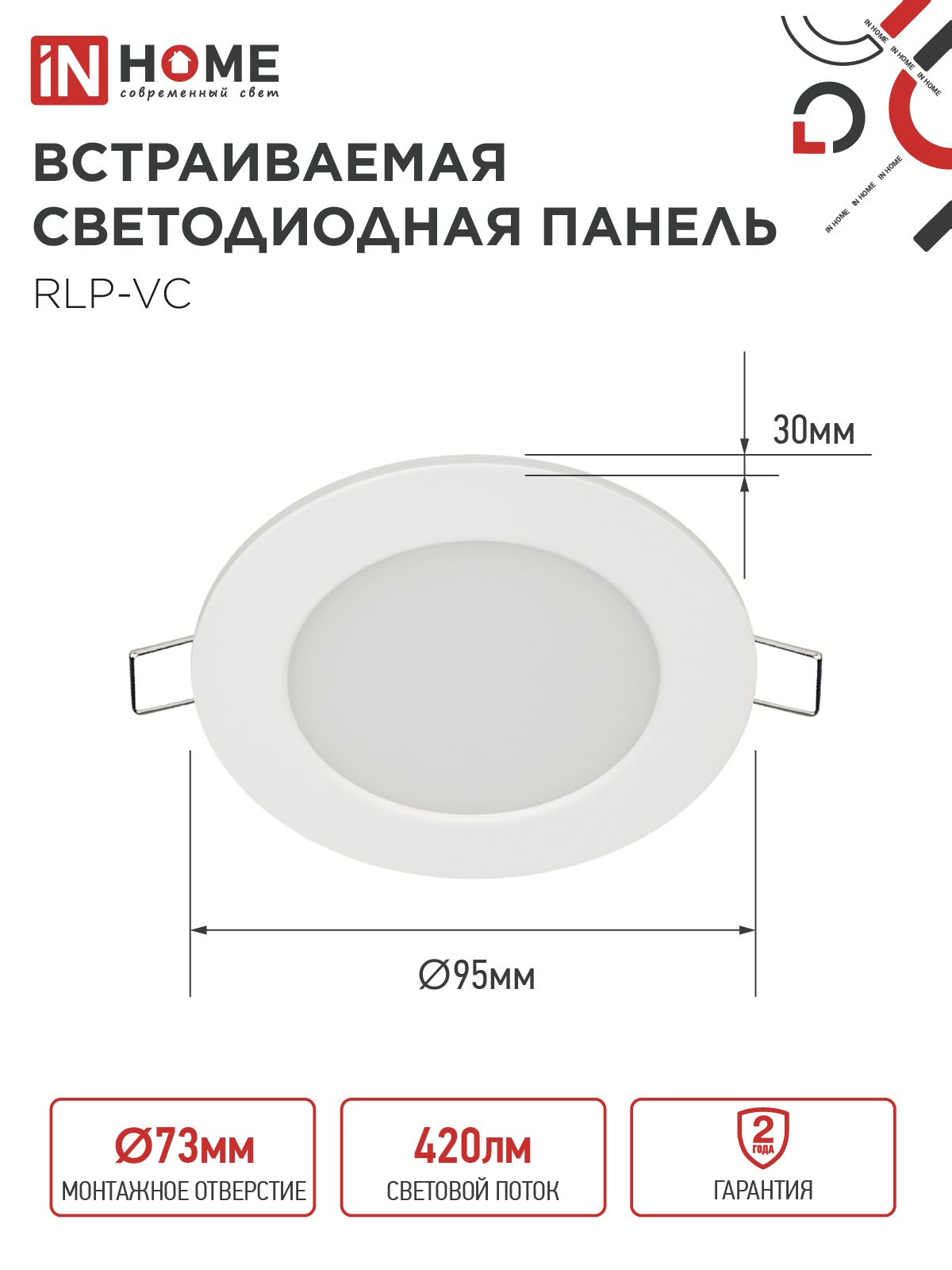 Панель светодиодная встраиваемая круглая RLP-VC 640WH 6Вт 230В 4000К 420Лм 95мм белая IP40 IN HOME в Чите