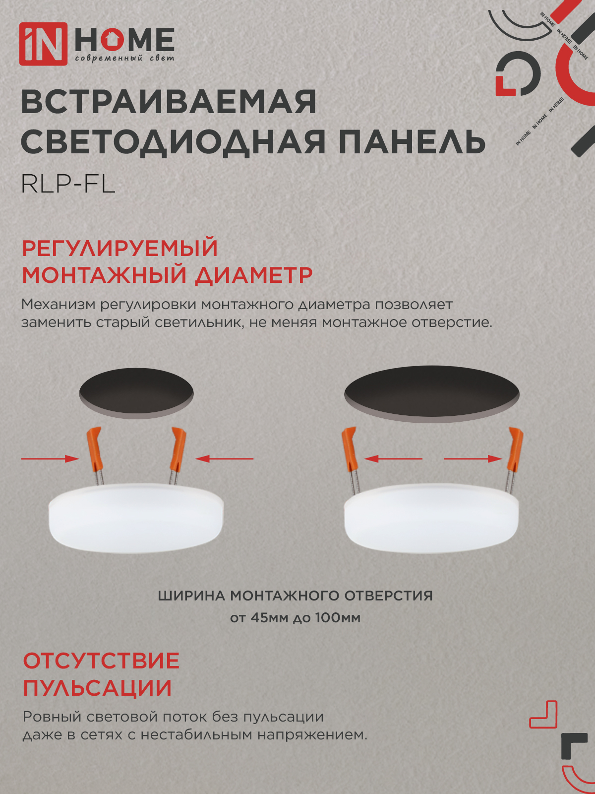 Панель светодиодная встраиваемая безрамочная RLP-FL 18Вт 230В 4000К 1620Лм 120мм с регулируемым монтажом 45-100мм белая IP20 IN HOME в Чите