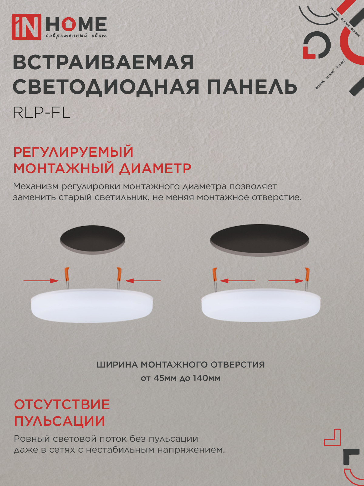Панель светодиодная встраиваемая безрамочная RLP-FL 24Вт 230В 6500К 2160Лм 170мм с регулируемым монтажом 45-140мм белая IP20 IN HOME в Чите