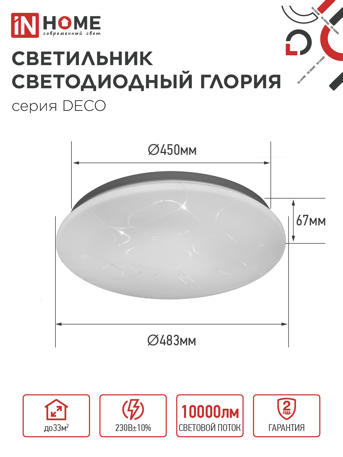 Светильник светодиодный серии DECO ГЛОРИЯ 95Вт 230В 6500К 10000Лм 483х67мм IN HOME в Чите