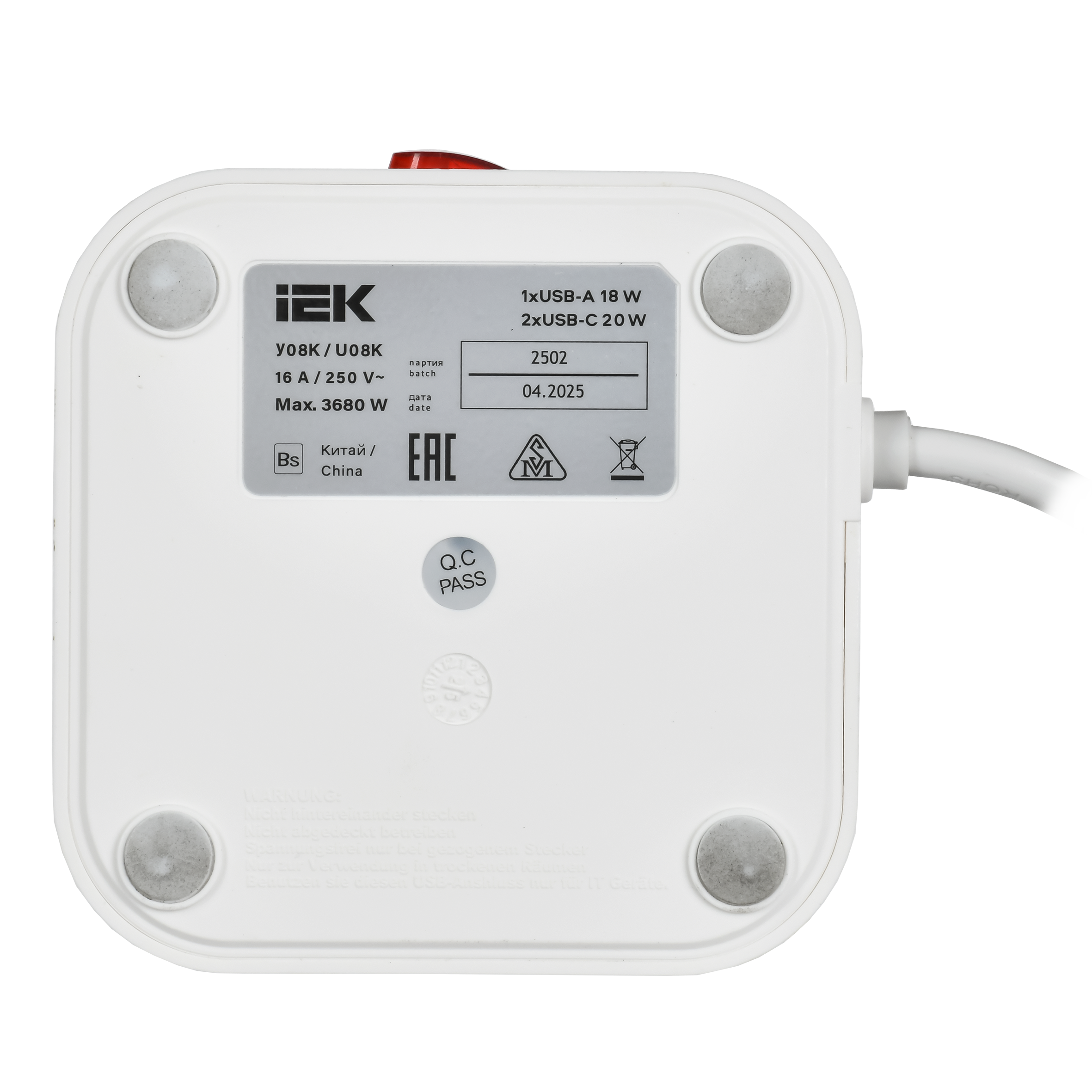 Удлинитель DOMINIC У08K 1,5м 3х1мм2 USB A+C 20Вт белый IEK в Чите