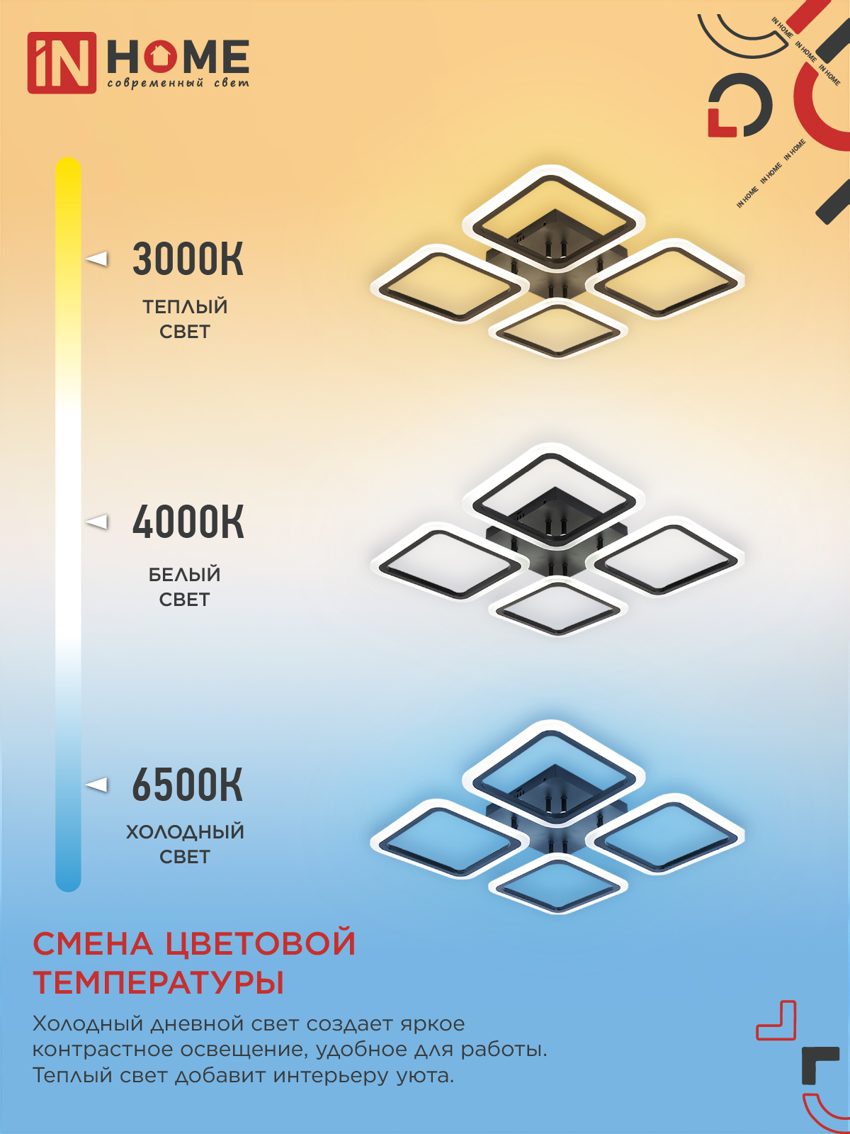 Светильник светодиодный ELEGANT ARIS-B 60Вт 230В 3000-6500K 4700Лм 450х450х75мм c пультом ДУ черный IN HOME в Чите