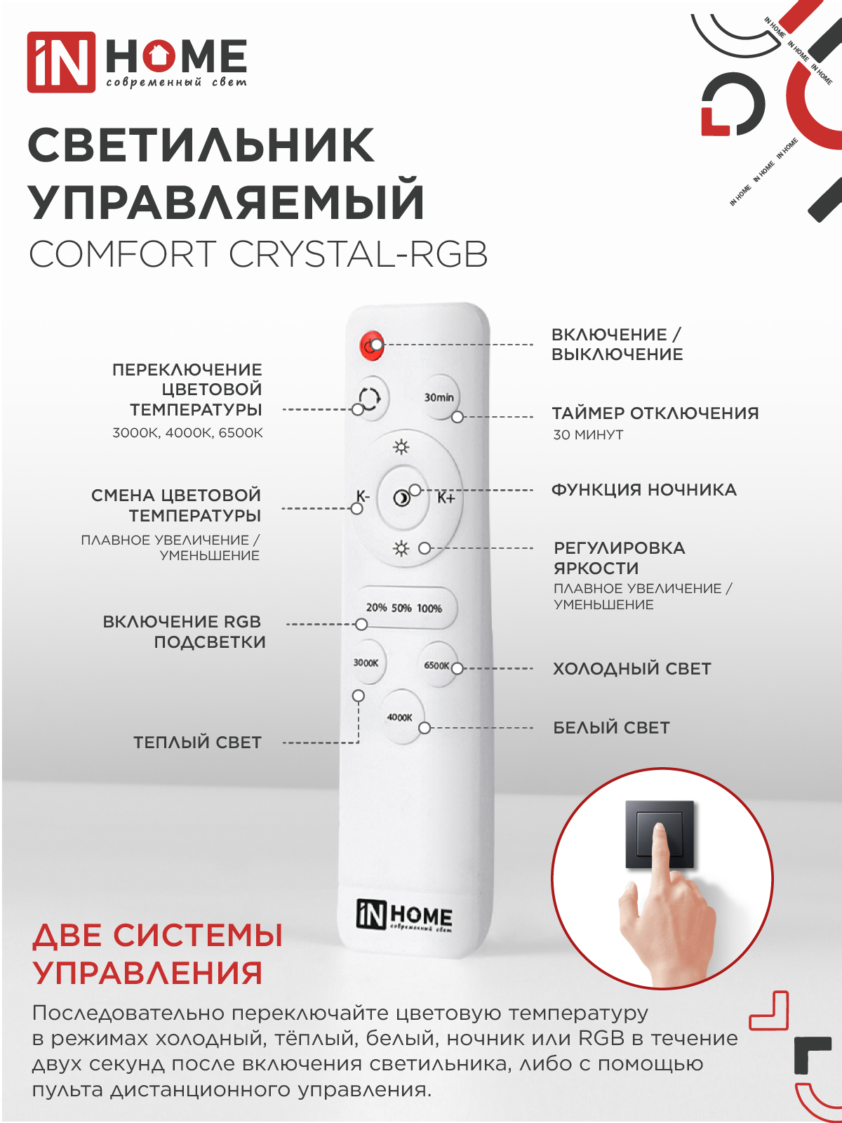Светильник светодиодный COMFORT CRYSTAL-RGB 125Вт 230В 3000-6500K 10000Лм 500x115мм с пультом ДУ IN HOME в Чите