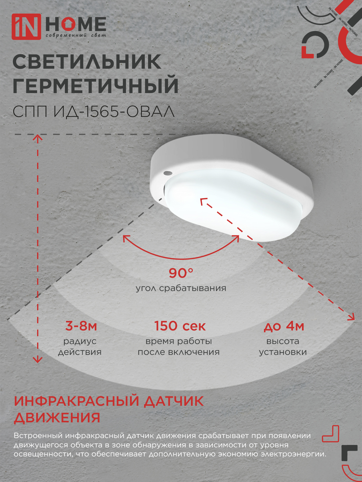Светильник светодиодный герметичный СПП ИД-1565-ОВАЛ 15Вт 6500К 1350Лм с инфракрасным датчиком IP65 160х88мм IN HOME в Чите
