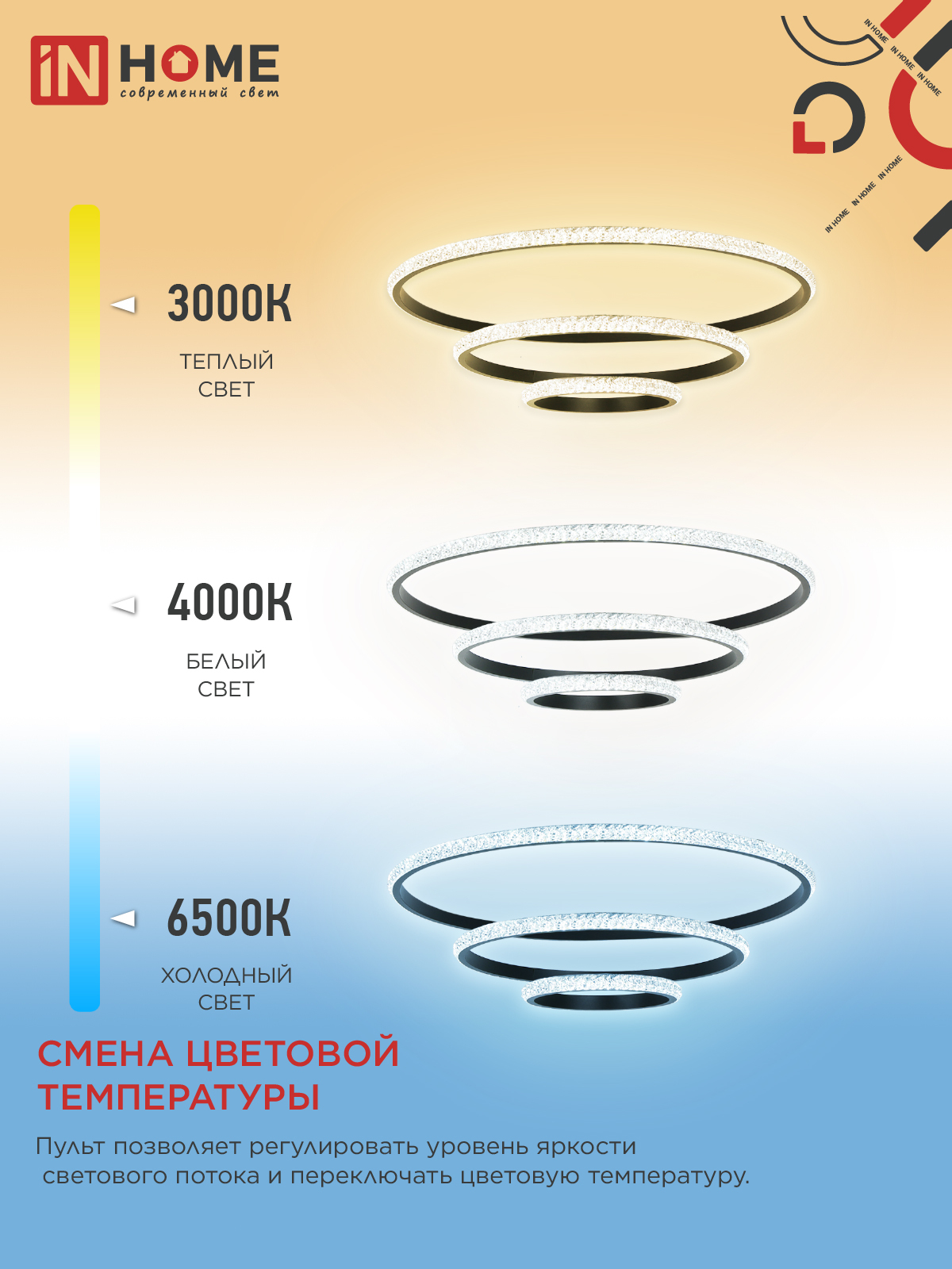 Светильник светодиодный ESTETIKA RING-MYSTERY-140RC-3BL 140Вт 3000-6500K 600/400/200 1.2м пульт ДУ черный IN HOME в Чите