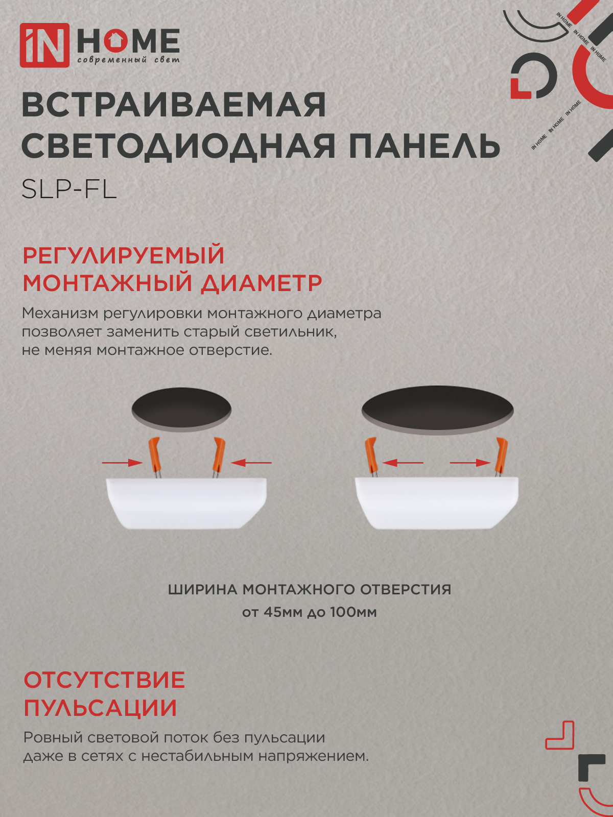 Панель светодиодная встраиваемая безрамочная SLP-FL 18Вт 230В 6500К 1620Лм 121мм с регулируемым монтажом 45-100мм белая IP20 IN HOME в Чите