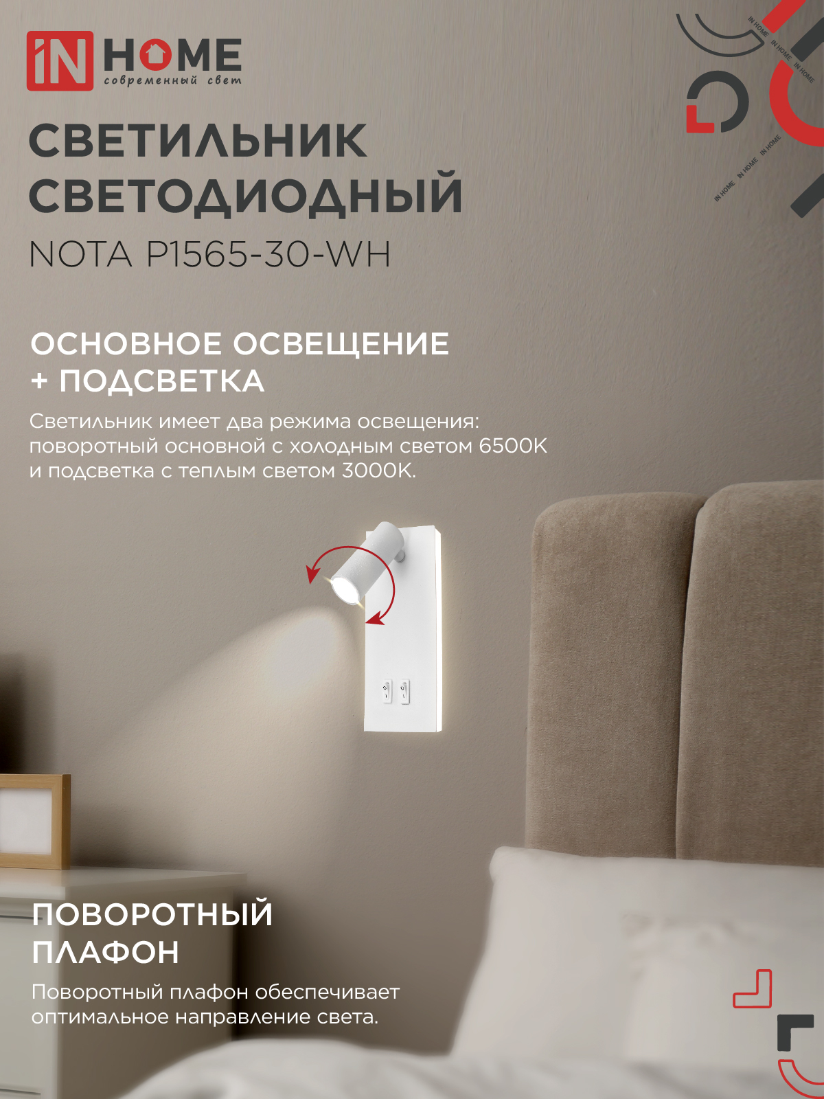 Светильник светодиодный NOTA P1565-30WH 15Вт 6500К с подсветкой 3000К белый IN HOME в Чите