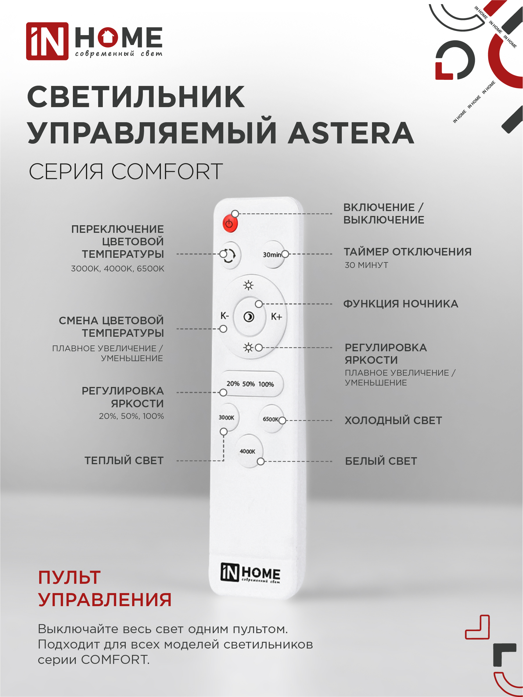 Светильник светодиодный COMFORT ASTERA 75Вт 230В 3000-6500K 6000Лм 500x90мм с пультом ДУ IN HOME в Чите