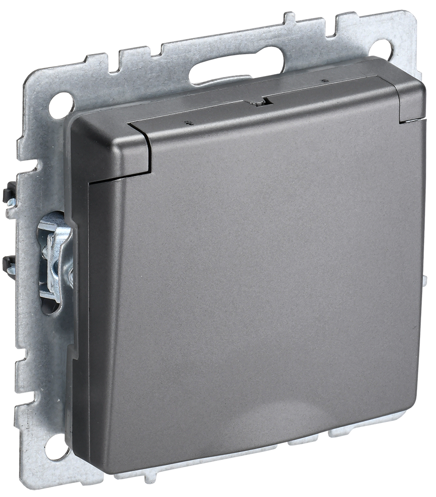 Розетка одинарная с з/к со шторками с крышкой 16А IP44 BRITE IEK сталь в Чите