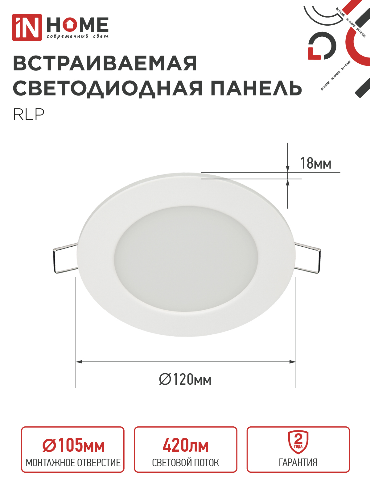 Панель светодиодная встраиваемая круглая RLP 6Вт 230В 4000К 420Лм 120мм белая IP40 IN HOME в Чите