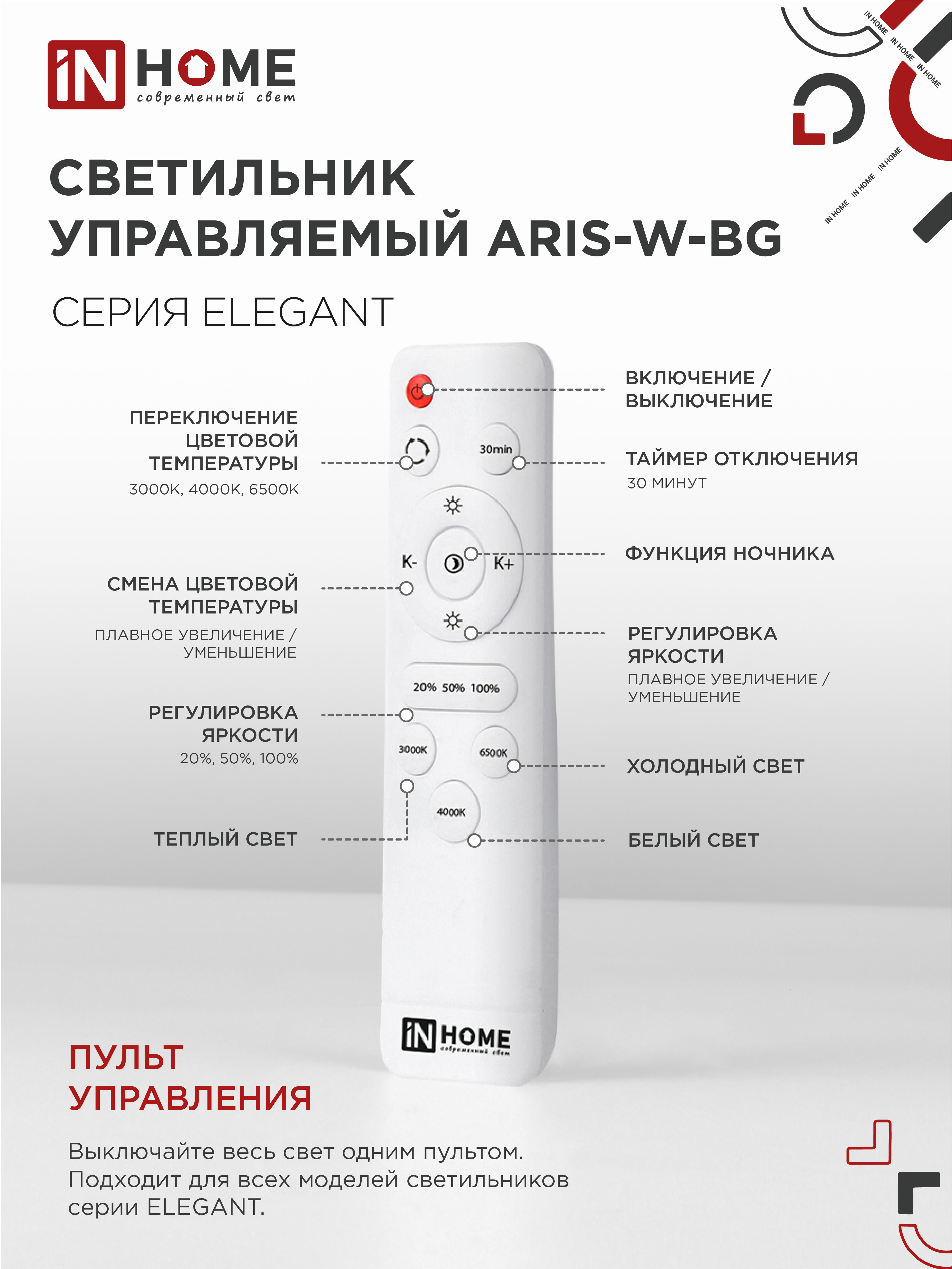 Светильник светодиодный ELEGANT ARIS-W-BG 120Вт 230В 3000-6500K 8400Лм 585х585х115мм пульт ДУ белый IN HOME в Чите
