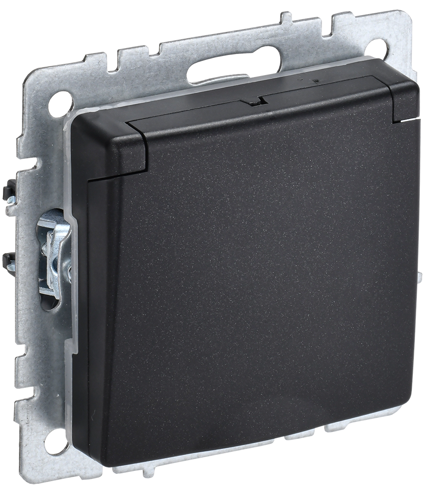 Розетка одинарная с з/к со шторками с крышкой 16А IP44 BRITE IEK черная в Чите