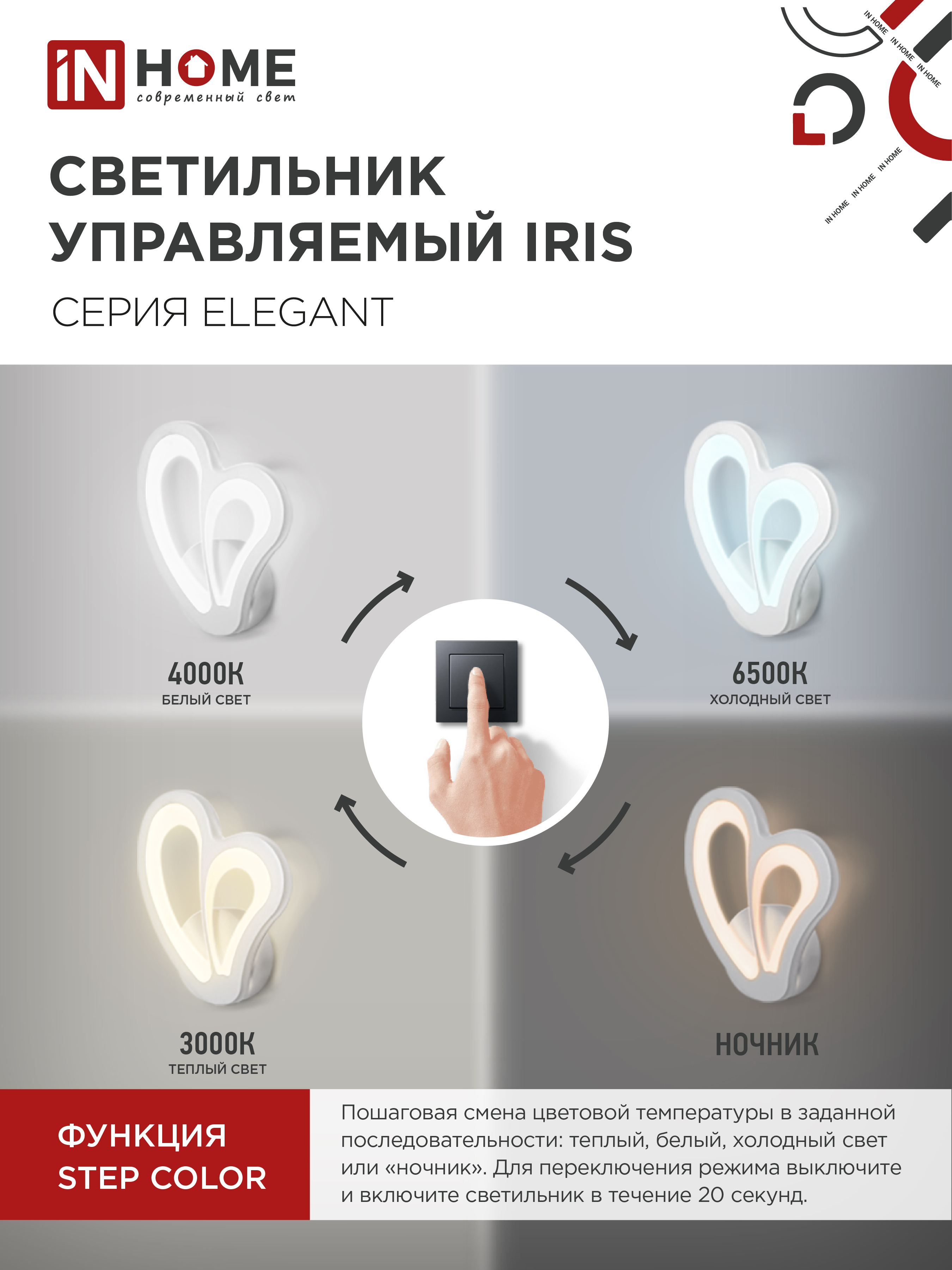 Светильник светодиодный ELEGANT IRIS 15Вт 230В 3000-6500K 1200Лм STEP COLOR белый IN HOME в Чите