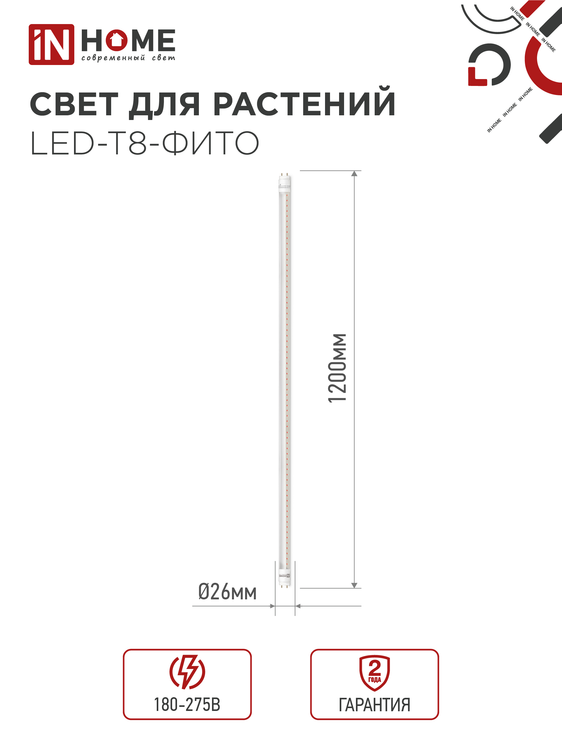 Лампа светодиодная LED-T8-ФИТО 20Вт 230В G13 1200мм IN HOME в Чите