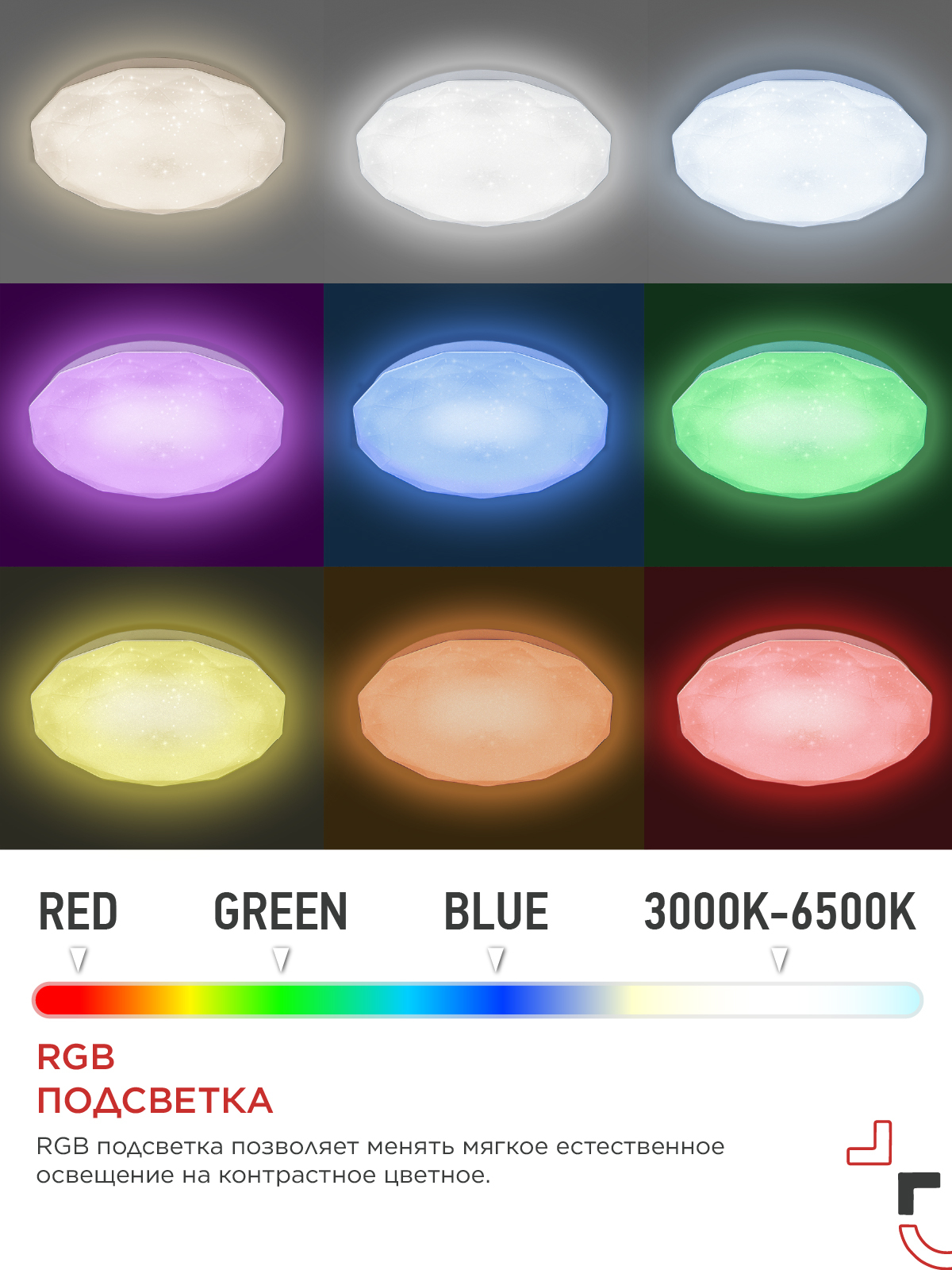 Светильник светодиодный COMFORT DIAMOND-RGB 125Вт 230В 3000-6500K 10000Лм 500x105мм с пультом ДУ IN HOME в Чите