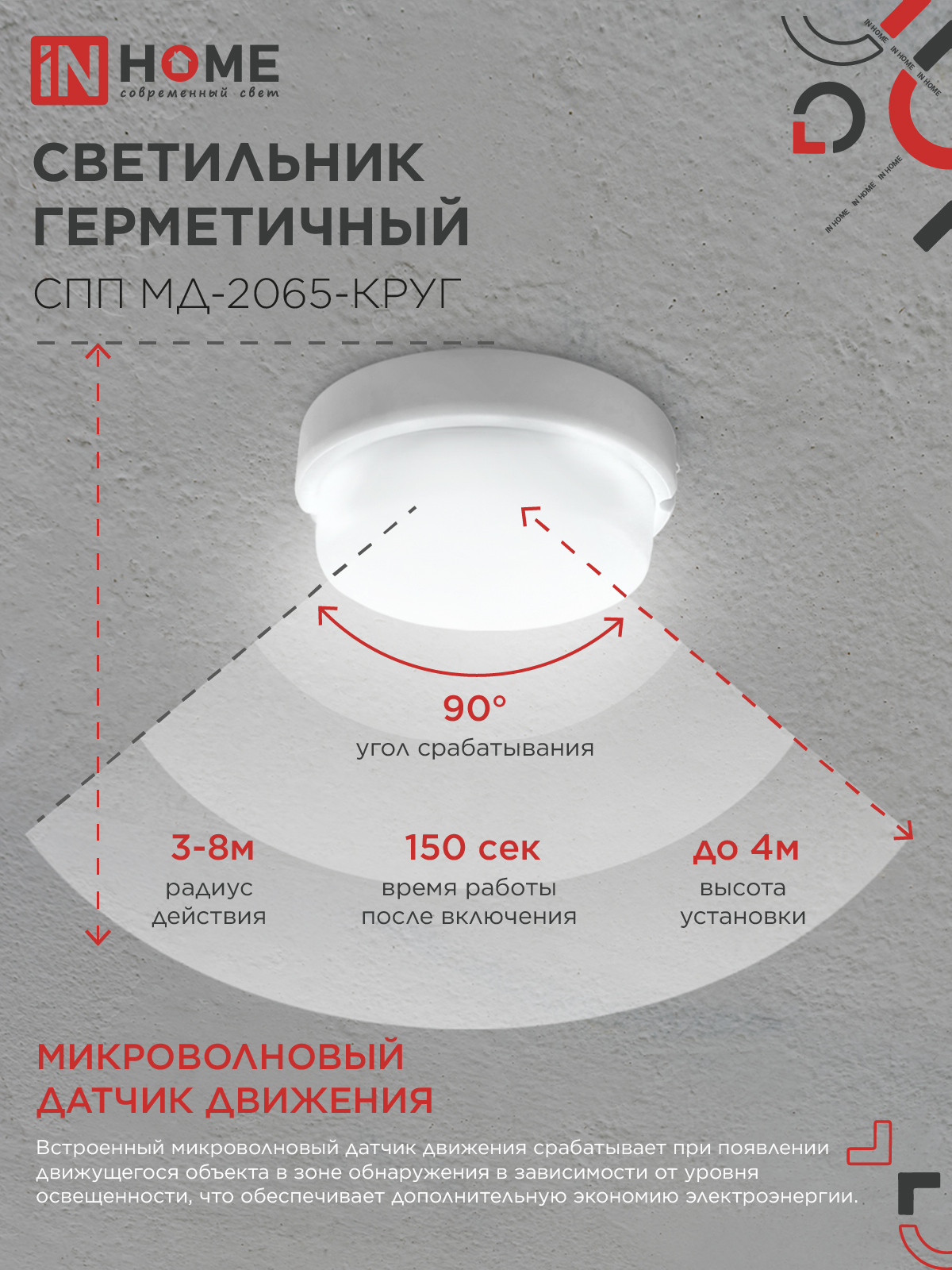Светильник светодиодный герметичный СПП МД-2065-КРУГ 20Вт 6500К 1800Лм с микроволновым датчиком IP65 155мм IN HOME в Чите
