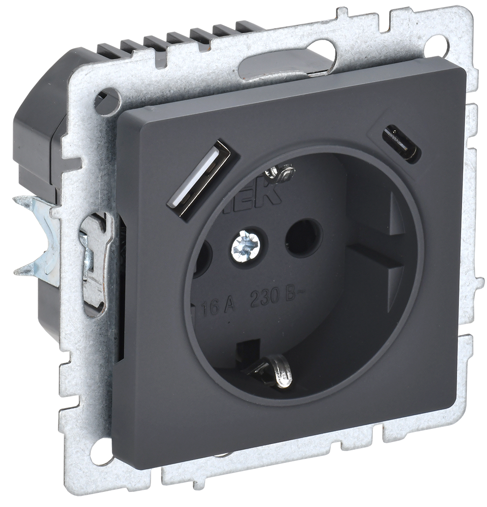 Розетка одинарная с з/к со шторками 16А с USB A+C 18Вт BRITE IEK графит в Чите