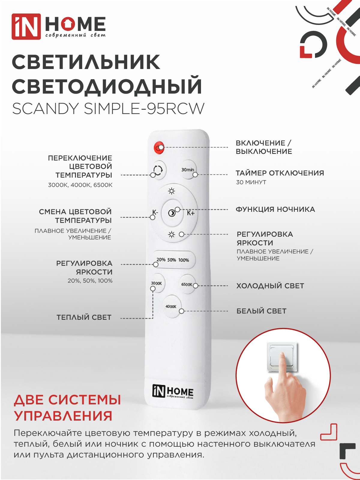 Светильник светодиодный SCANDY SIMPLE-95RCW 95Вт 230В 3000-6500K 7600Лм 500x50мм с пультом ДУ белый IN HOME в Чите