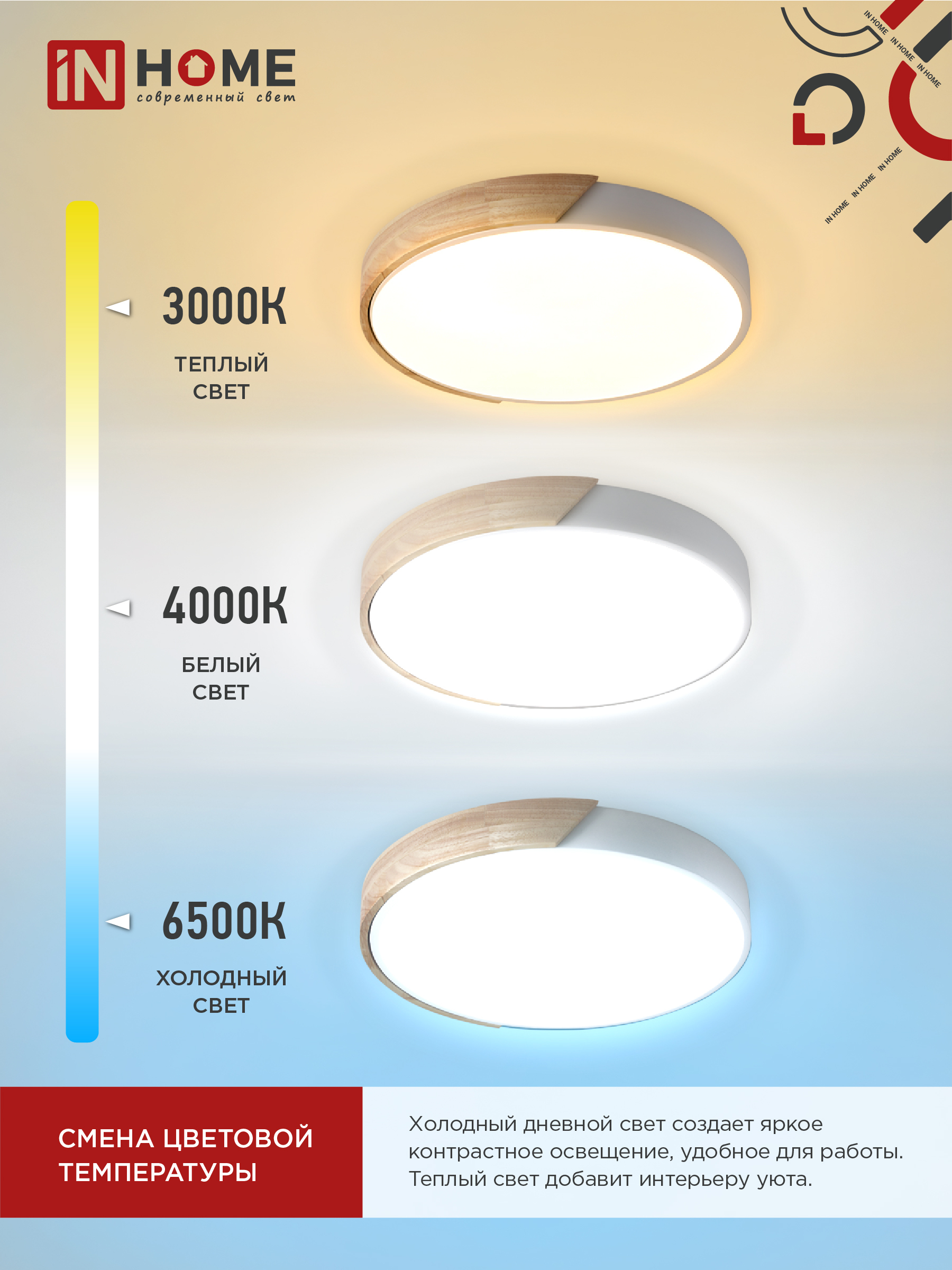 Светильник светодиодный SCANDY WOOD-120RCW 120Вт 230В 3000-6500K 9600Лм 500x50мм с пультом ДУ белый IN HOME в Чите