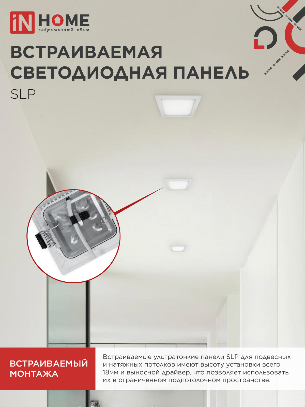 Панель светодиодная встраиваемая квадратная SLP 12Вт 230В 4000К 840Лм 171мм белая IP40 IN HOME в Чите