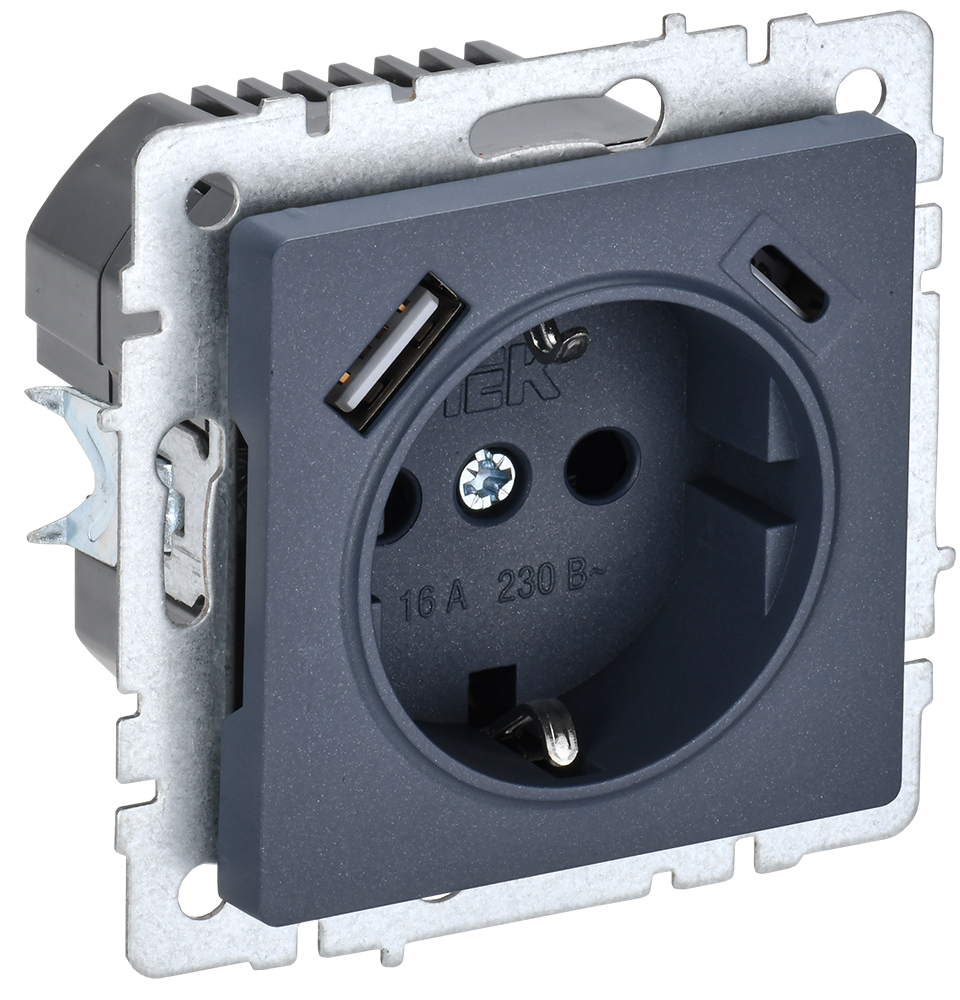 Розетка одинарная с з/к со шторками 16А с USB A+C 18Вт BRITE IEK маренго в Чите