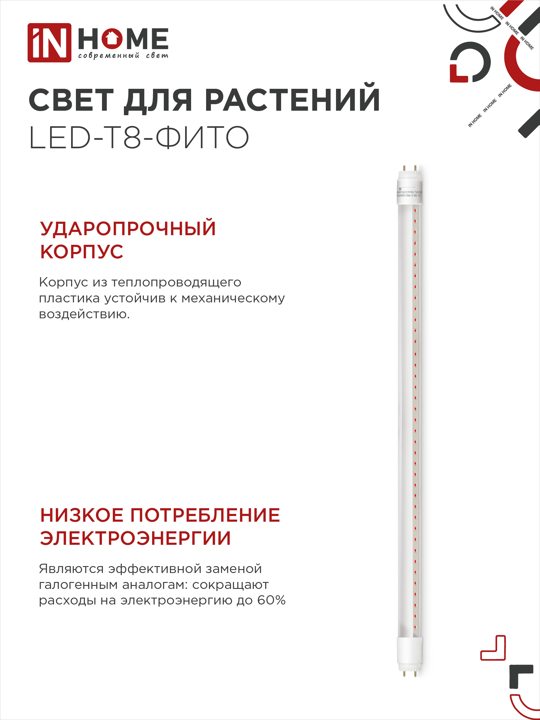 Лампа светодиодная LED-T8-ФИТО 10Вт 230В G13 600мм IN HOME в Чите