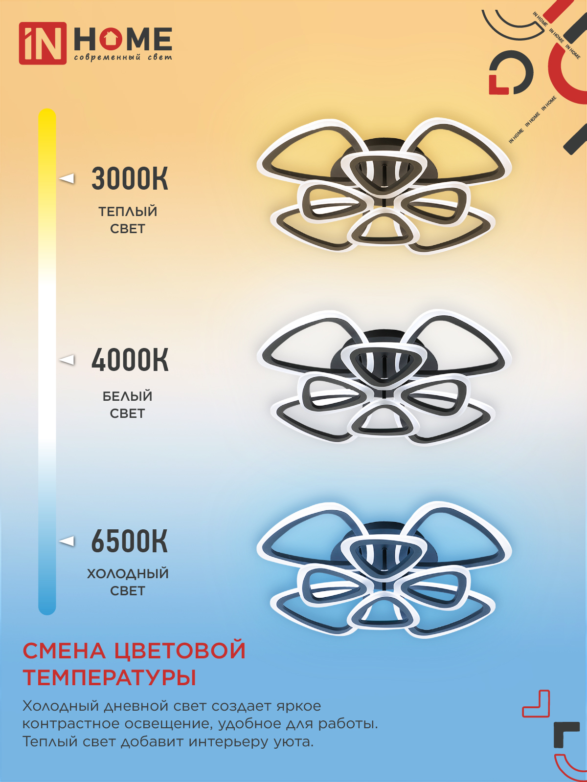 Светильник светодиодный ELEGANT SANSA-B 120Вт 230В 3000-6500K 8400Лм 650х650х130мм c пультом ДУ черный IN HOME в Чите