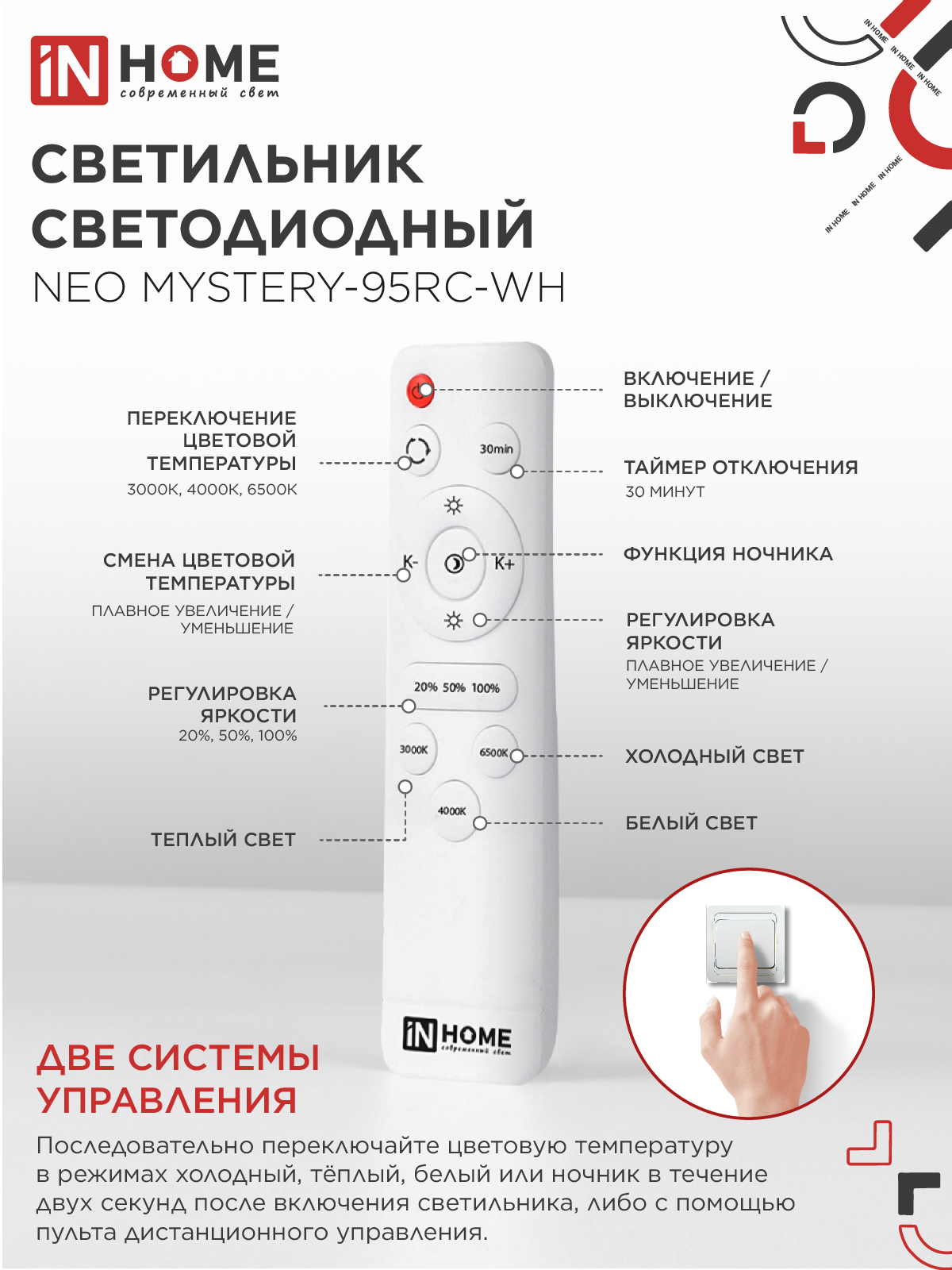 Светильник светодиодный NEO MYSTERY-95RC-WH 95Вт 230В 3000-6500K 7600Лм 465x60мм с пультом ДУ белый IN HOME в Чите