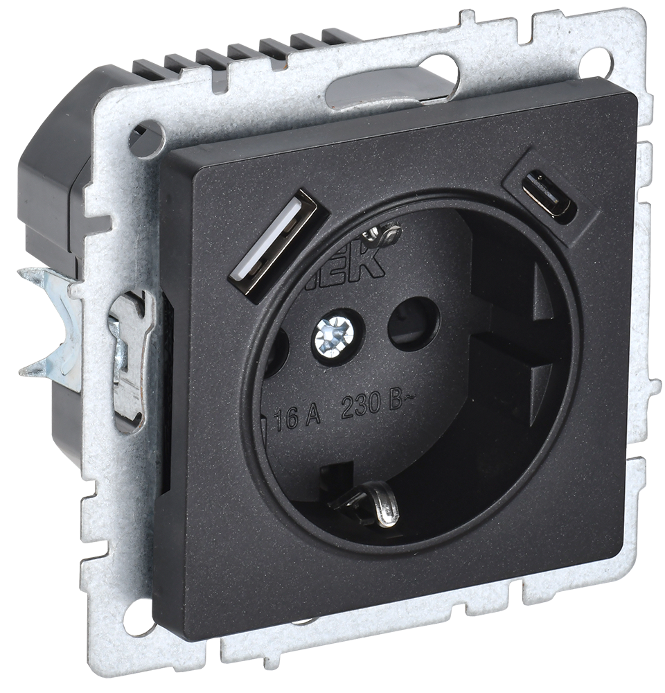 Розетка одинарная с з/к со шторками 16А с USB A+C 18Вт BRITE IEK черная в Чите