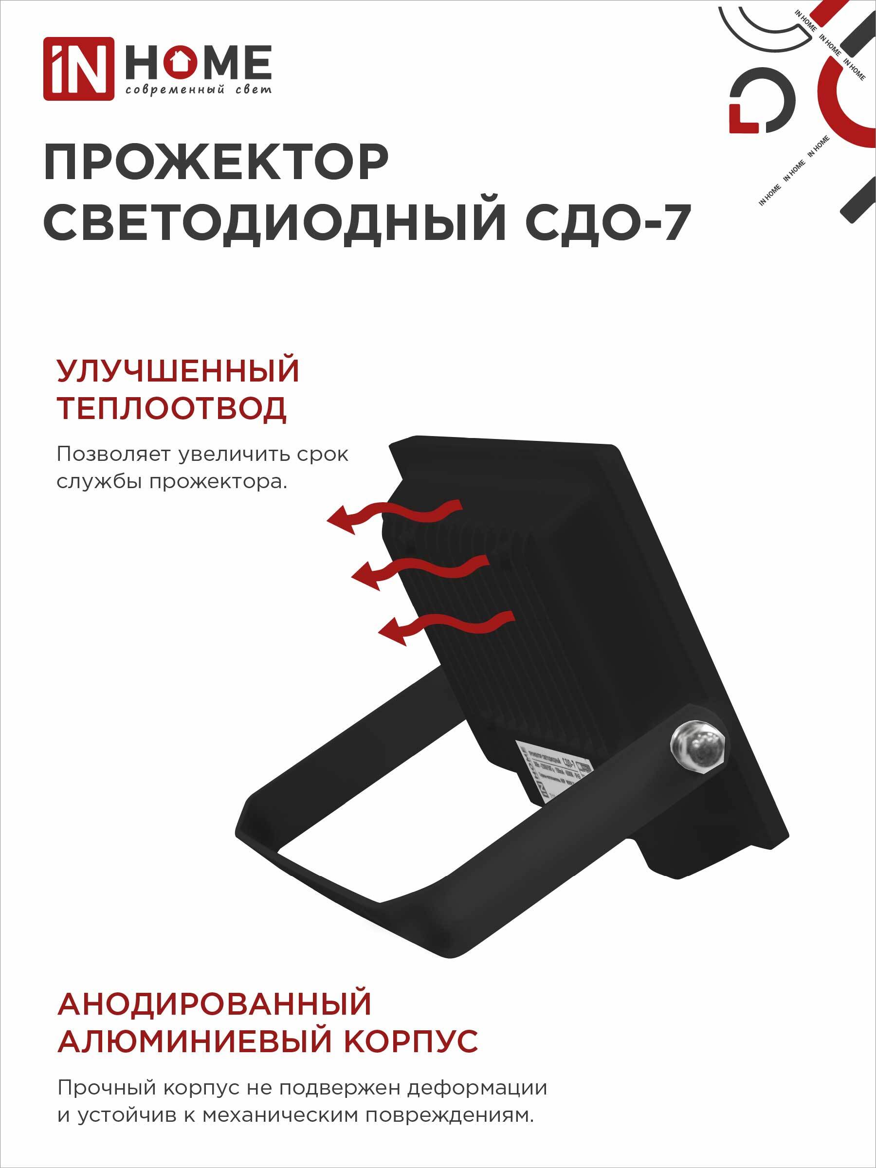 Прожектор светодиодный СДО-7 20Вт 230В 6500К IP65 черный IN HOME в Чите