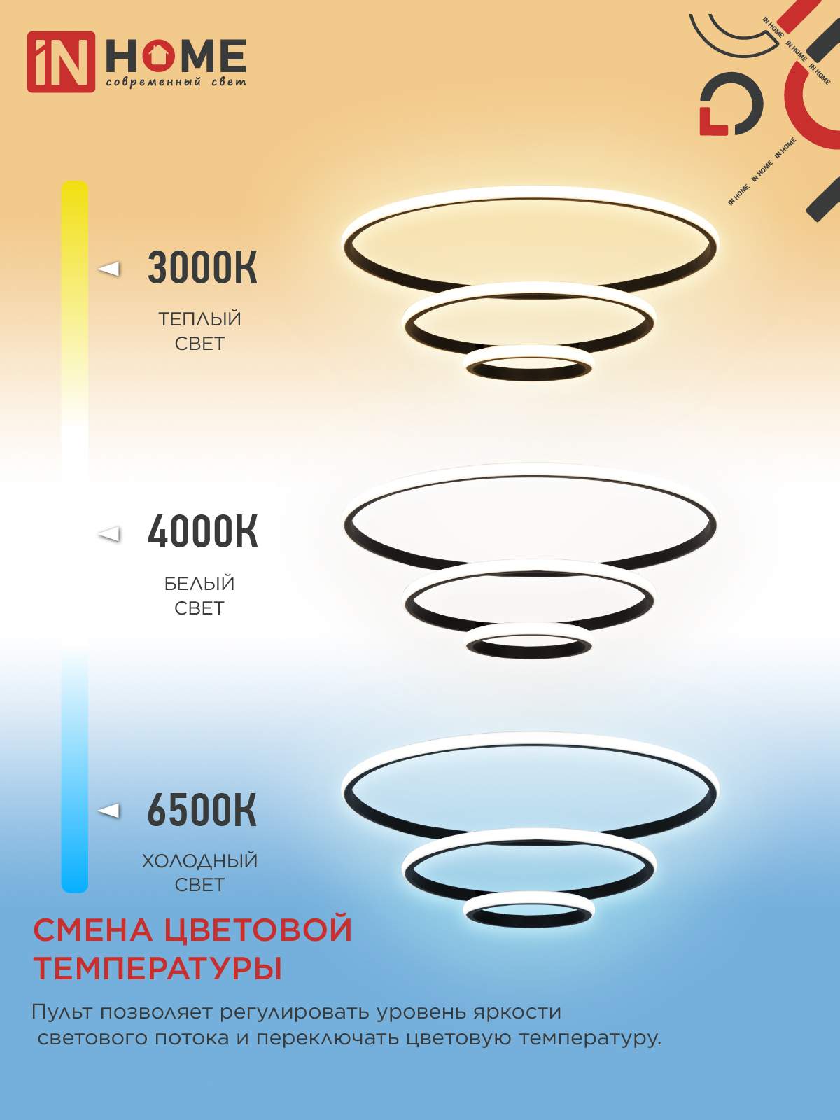Светильник светодиодный ESTETIKA RING-140RC-3BL 140Вт 230В 3000-6500K 600/400/200 1.2м трос пульт ДУ черный IN HOME в Чите