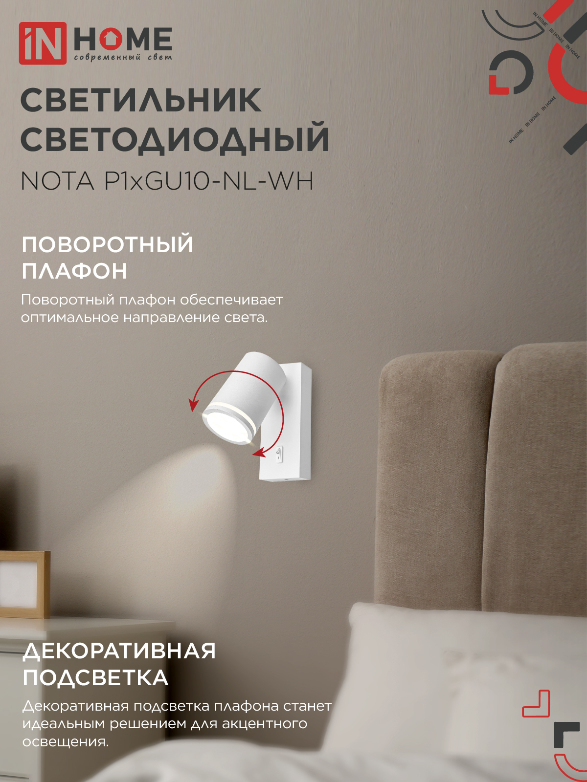 Светильник настенный под лампу NOTA P1хGU10-NL-WH с выключателем белый IN HOME в Чите