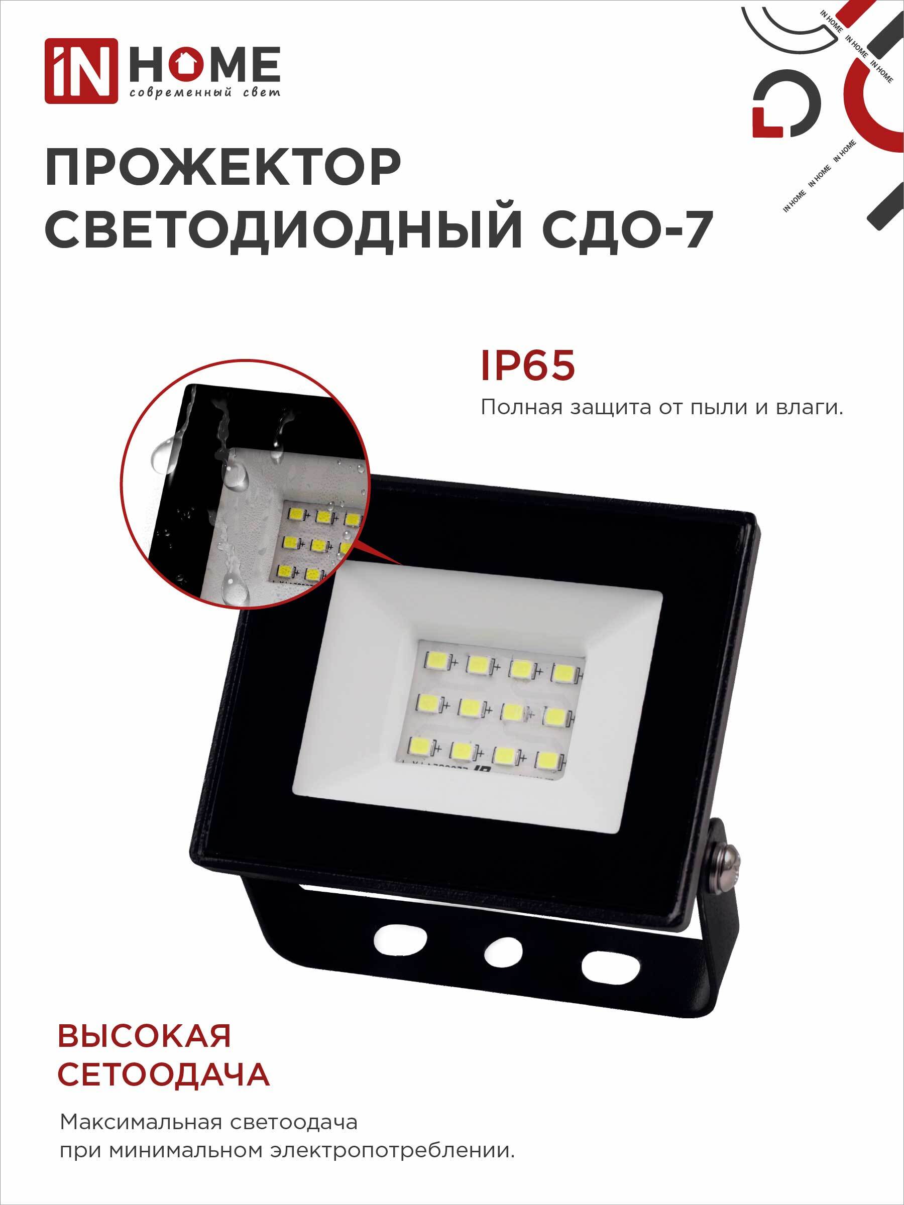 Прожектор светодиодный СДО-7 20Вт 230В 6500К IP65 черный IN HOME в Чите