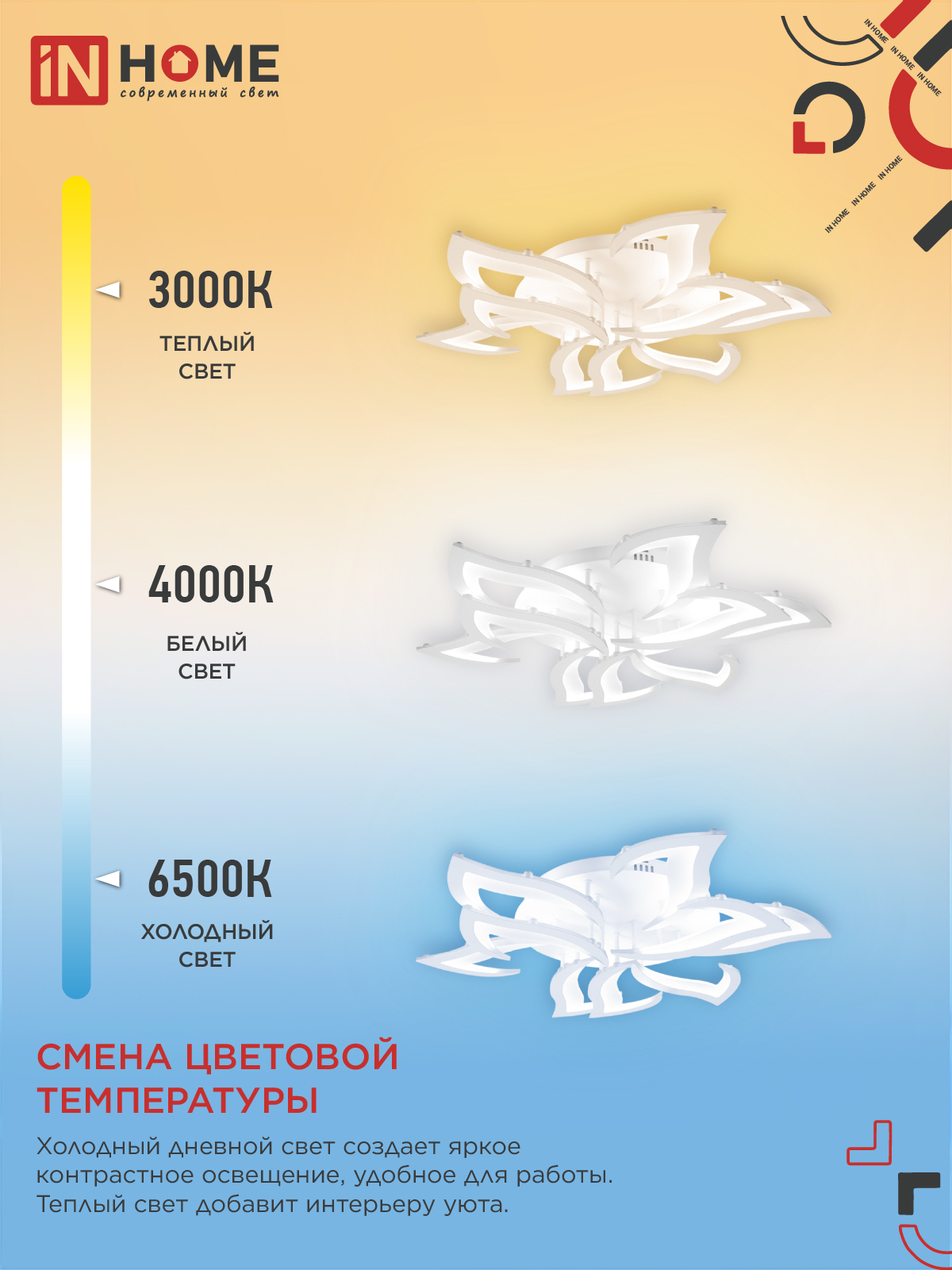 Светильник светодиодный ELEGANT LOTUS 120Вт 230В 3000-6500K 8400Лм 810х700х120мм c пультом ДУ белый IN HOME в Чите