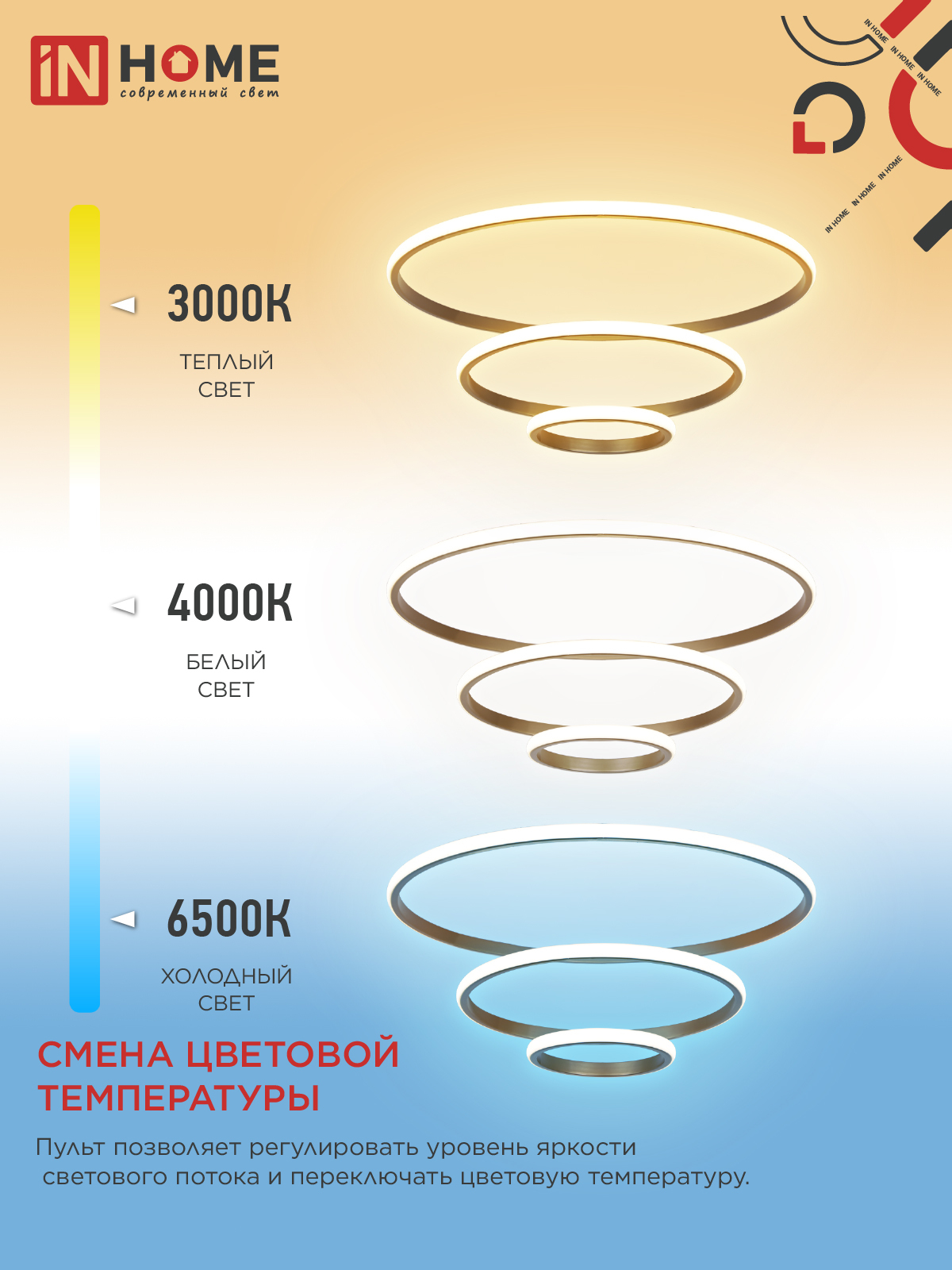 Светильник светодиодный ESTETIKA RING-140RC-3GL 140Вт 230В 3000-6500K 600/400/200 1.2м трос пульт ДУ золото IN HOME в Чите