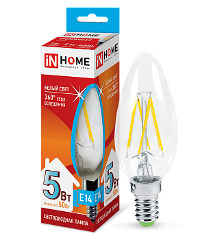 Лампа светодиодная LED-СВЕЧА-deco 5Вт 230В Е14 4000К 450Лм прозрачная IN HOME в Чите
