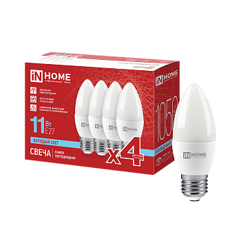 Лампа светодиодная LED-СВЕЧА-VC 4PACK 11Вт 230В Е27 6500К 1050Лм (4шт./упак) IN HOME в Чите